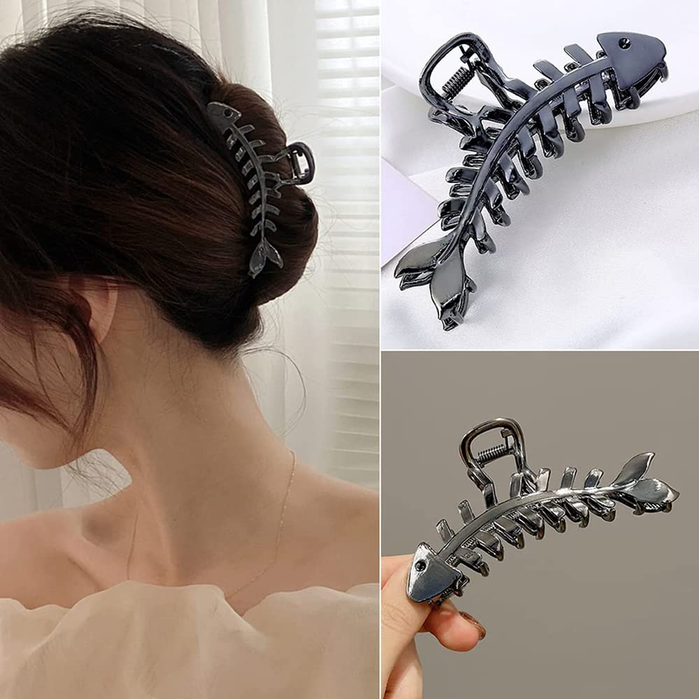 BELSITA Large Metal Fish Bone Hair Clip - 1PCS Black Non-Slip Hair Jaw Clamp with Gold Finish | Fashion Hair Accessories for Women with Thick or Thin Hair | Perfect for Parties, Weddings & Everyday Styling