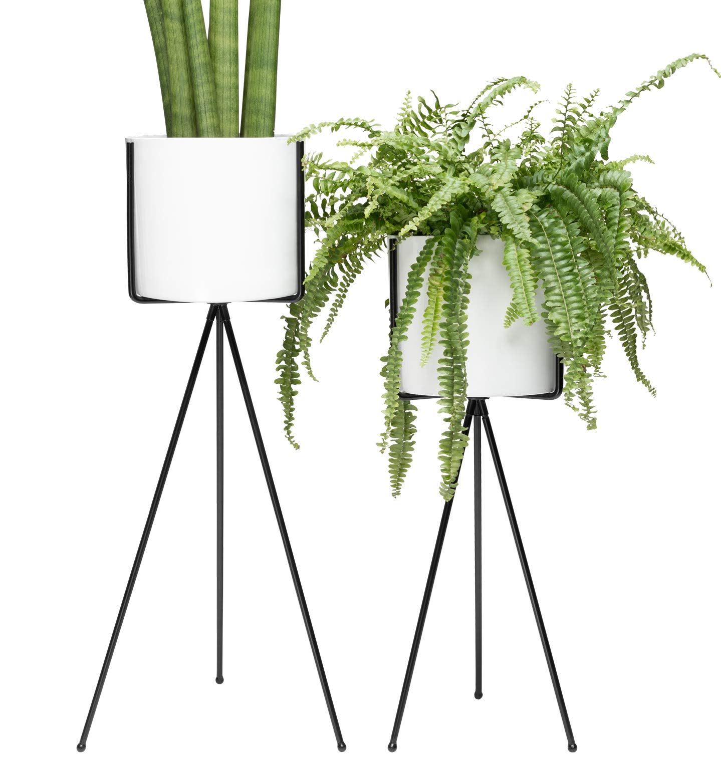 Set of 2 Modern White Planters with Metal Stands - 7 Inch Large Flower Pots for Orchids, Aloe, Cactus - 18 & 24 Inch Tall Mid-Century Indoor Plant Decor - Perfect for Living Room, Office & Home Decor