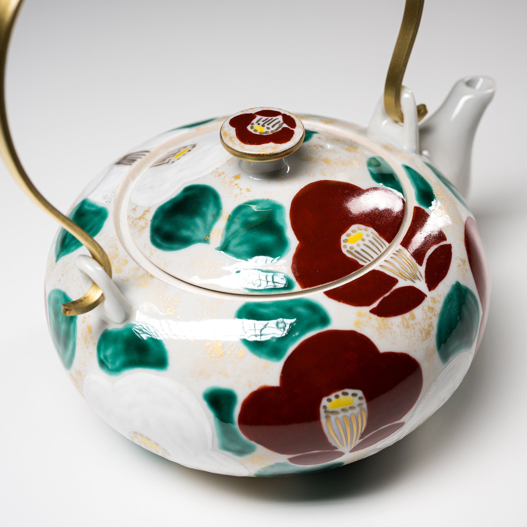 Handmade Kyoto Kiyomizu Ware Teapot - Camellia Red with Brass Handle | Authentic Japanese Ceramic Teapot for Tea Ceremony, Home Decor & Gift