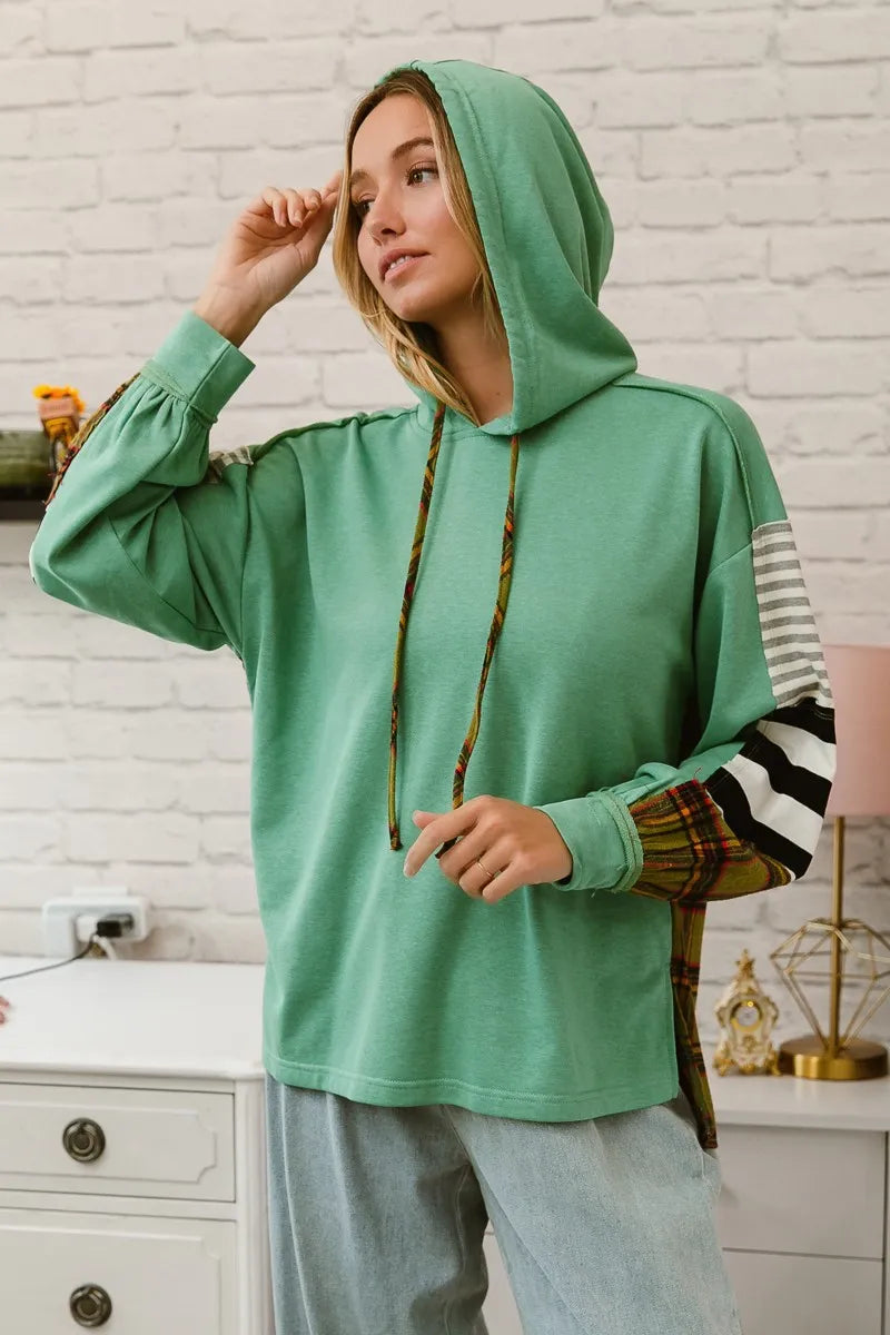 BiBi Plaid & Stripes French Terry Hoodie for Women | Cozy Mix & Match Pullover | Perfect for Casual Outfits, Loungewear & Fall Layering