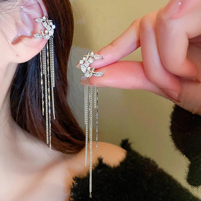Moon Star Tassel Ear Cuffs - No Piercing Clip On Earrings for Women, Fashion Boho Chic Jewelry Accessories - Perfect for Parties, Weddings & Everyday Wear