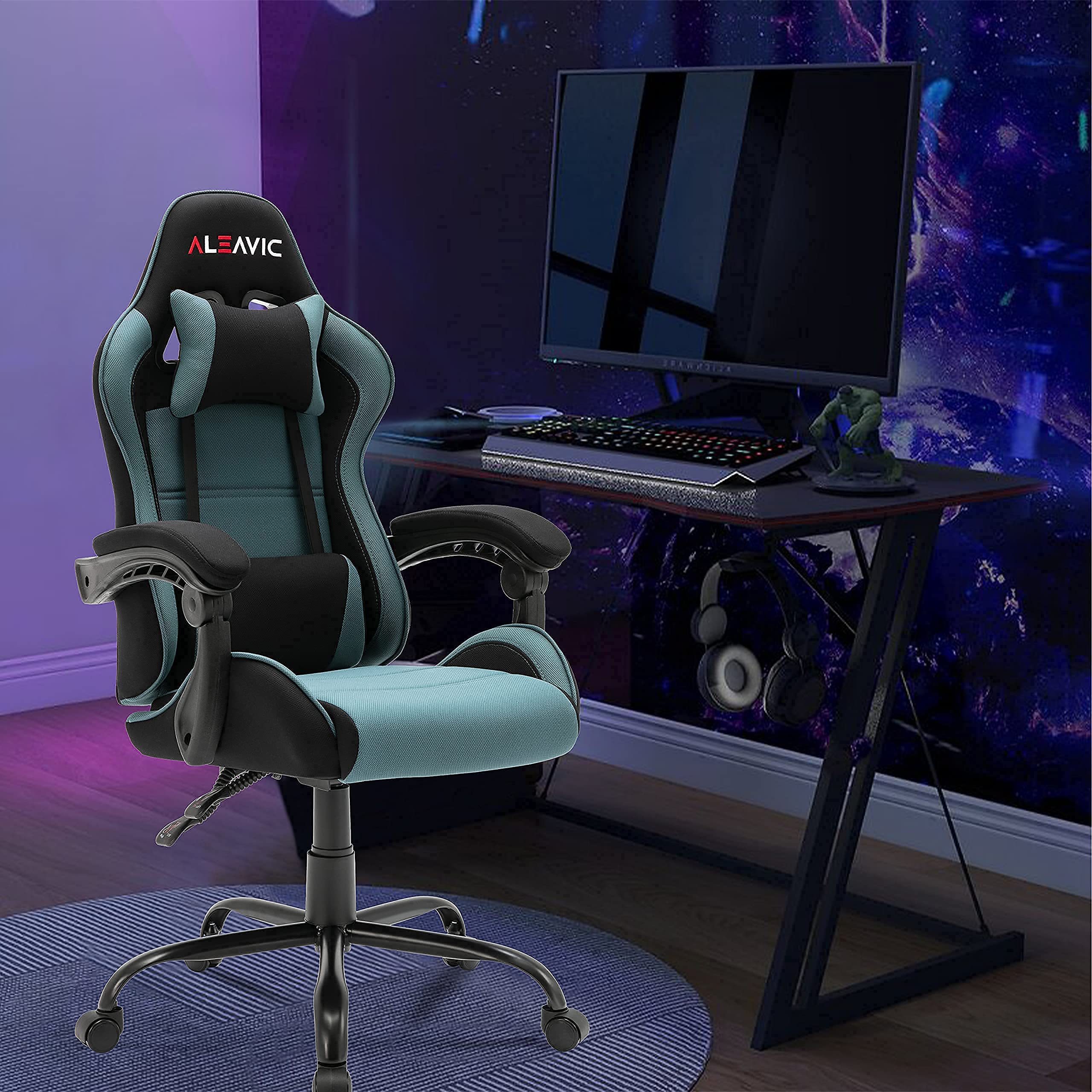 ALEAVIC Ergonomic Gaming Chair with Massager - Adjustable Headrest & Lumbar Support - High Back Reclining Computer Game Chair for Adults - Black & Blue Fabric - Perfect for Esports, Streaming & Office Work