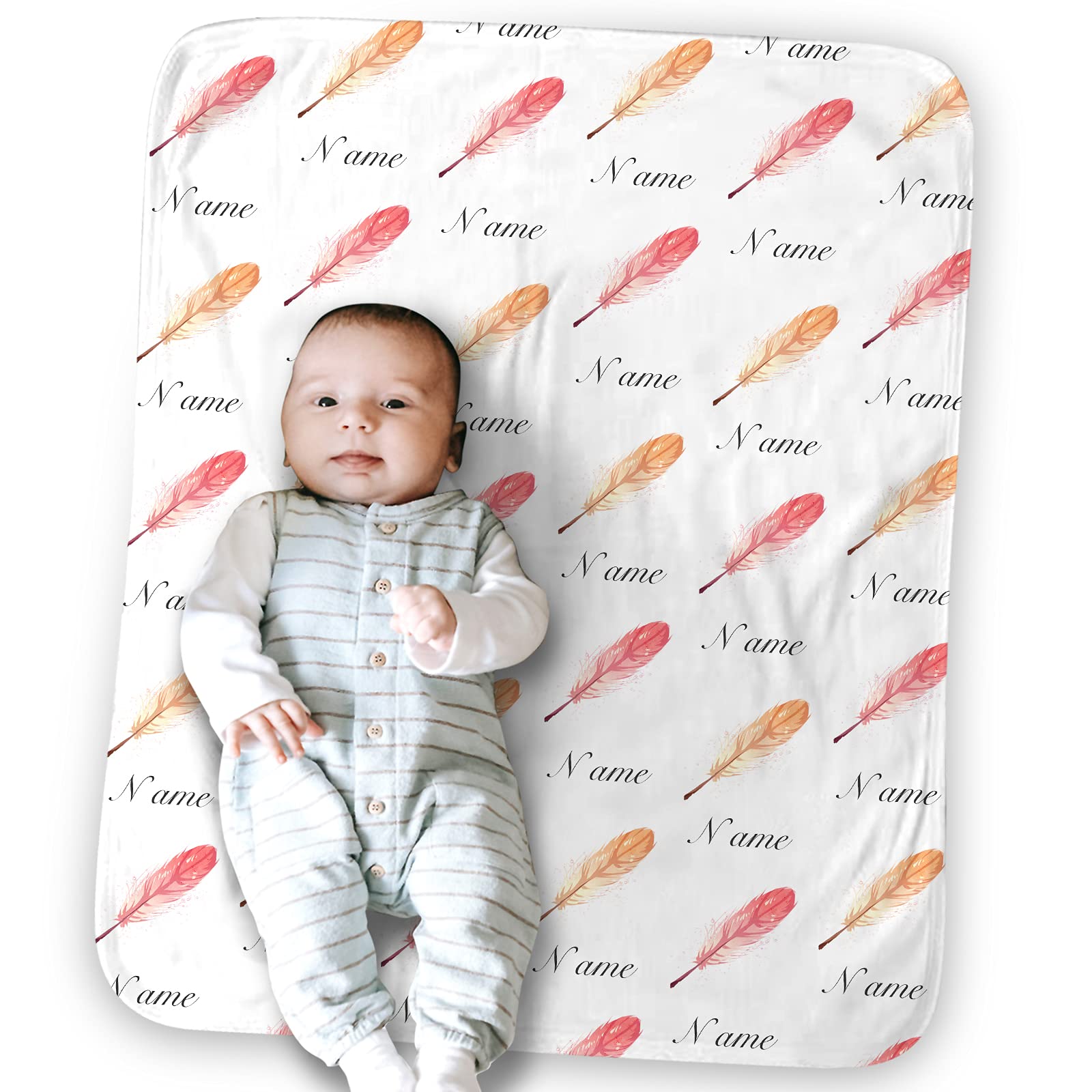 Custom Baby Name Receiving Blanket - Personalized Newborn Gift with Feather Design for Baby Girls & Boys | Super Soft Double Layer Plush Minky Blanket with Dotted Backing 30x40 inches | Perfect for Baby Showers, Christenings & Nursery Essentials
