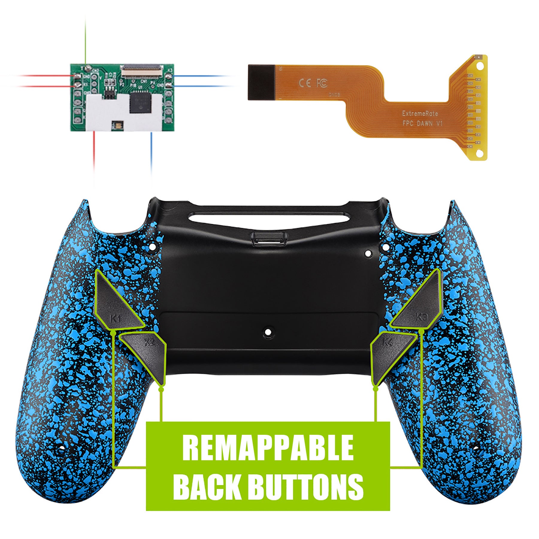 eXtremeRate Dawn Remappable Remap Kit with Redesigned Back Shell & 4 Back Buttons for PS4 Controller JDM-040/050/055 - Textured Blue | Custom Gaming Accessories for Enhanced Playstation 4 Controller Performance | Perfect for FPS, Racing & Action Games