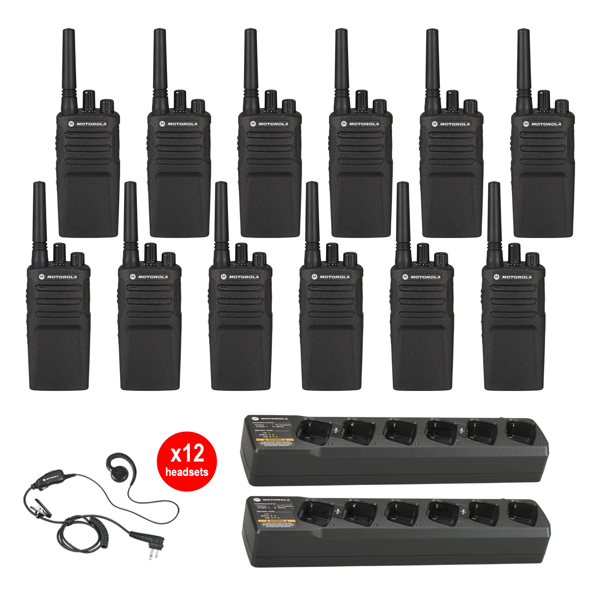 Motorola RMU2080 Two-Way Radio 12-Pack with Multi-Unit Chargers & Headsets - Ideal for Construction, Warehouses, and Event Coordination