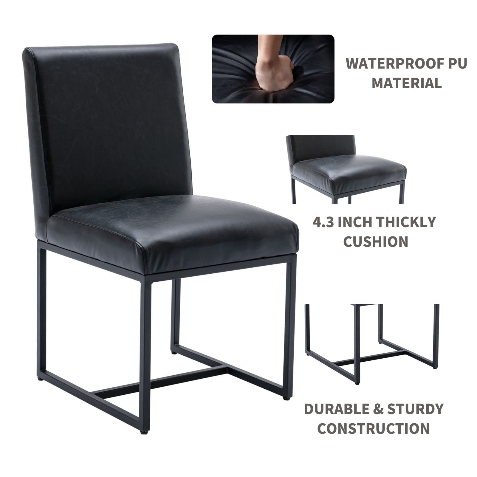 Modern Kitchen Chairs Set of 2 - PU Leather Upholstered Dining Chairs with Black Metal Frame - Comfortable Side Chairs for Kitchen, Dining Room & Breakfast Nook - Perfect for Small Spaces & Modern Home Decor