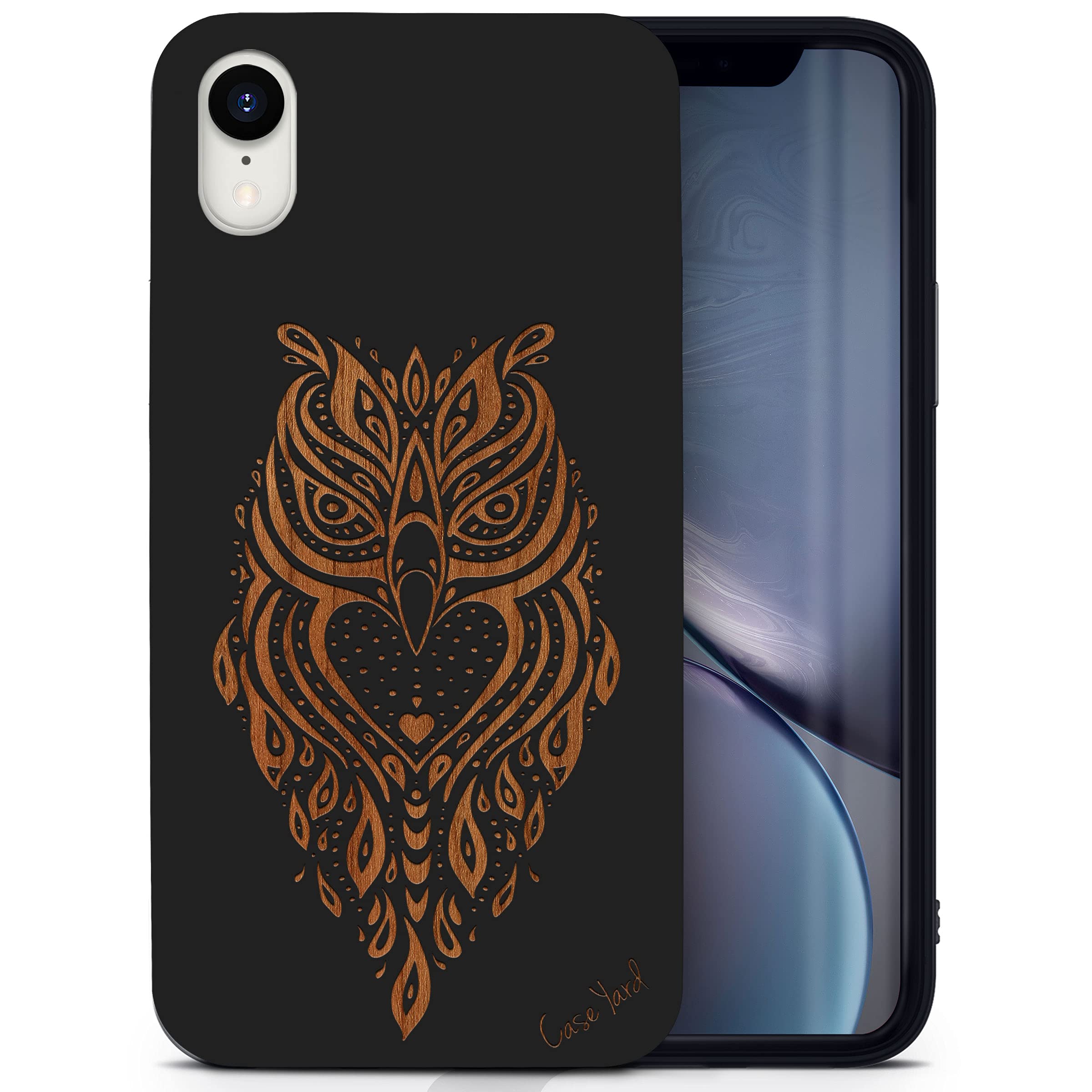Wooden iPhone XR Case with Laser Engraved Owl Design - Shockproof Slim Fit Protective Cover for Men & Women | Perfect for Outdoor Adventures, Travel & Daily Use
