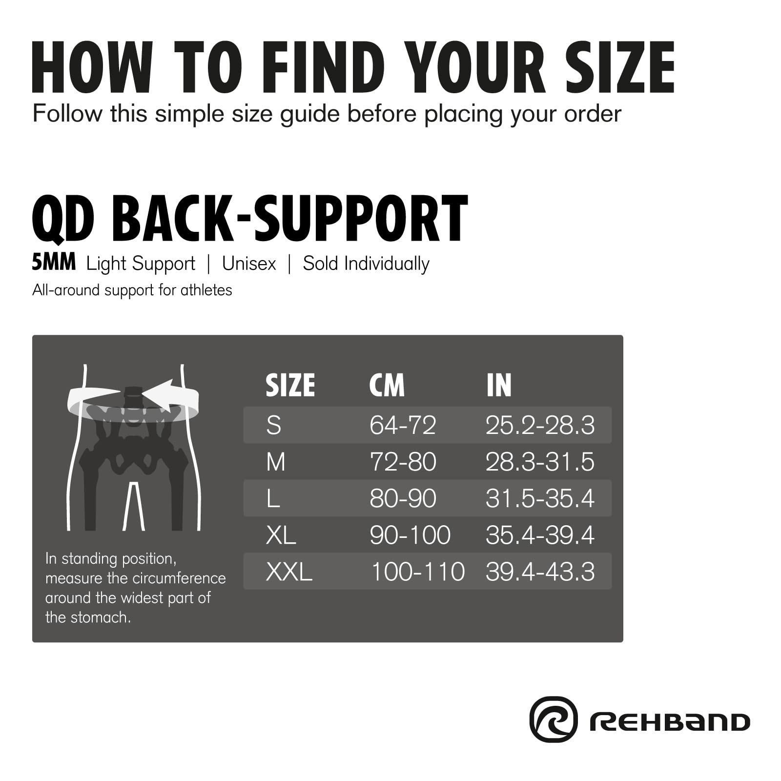 Rehband Black Lower Back Support Belt - 5mm SBR/Neoprene Lumbar Brace for Pain Relief & Spine Stabilization - Medium Size for Men & Women - Ideal for Weightlifting, CrossFit, Workouts & Daily Activities