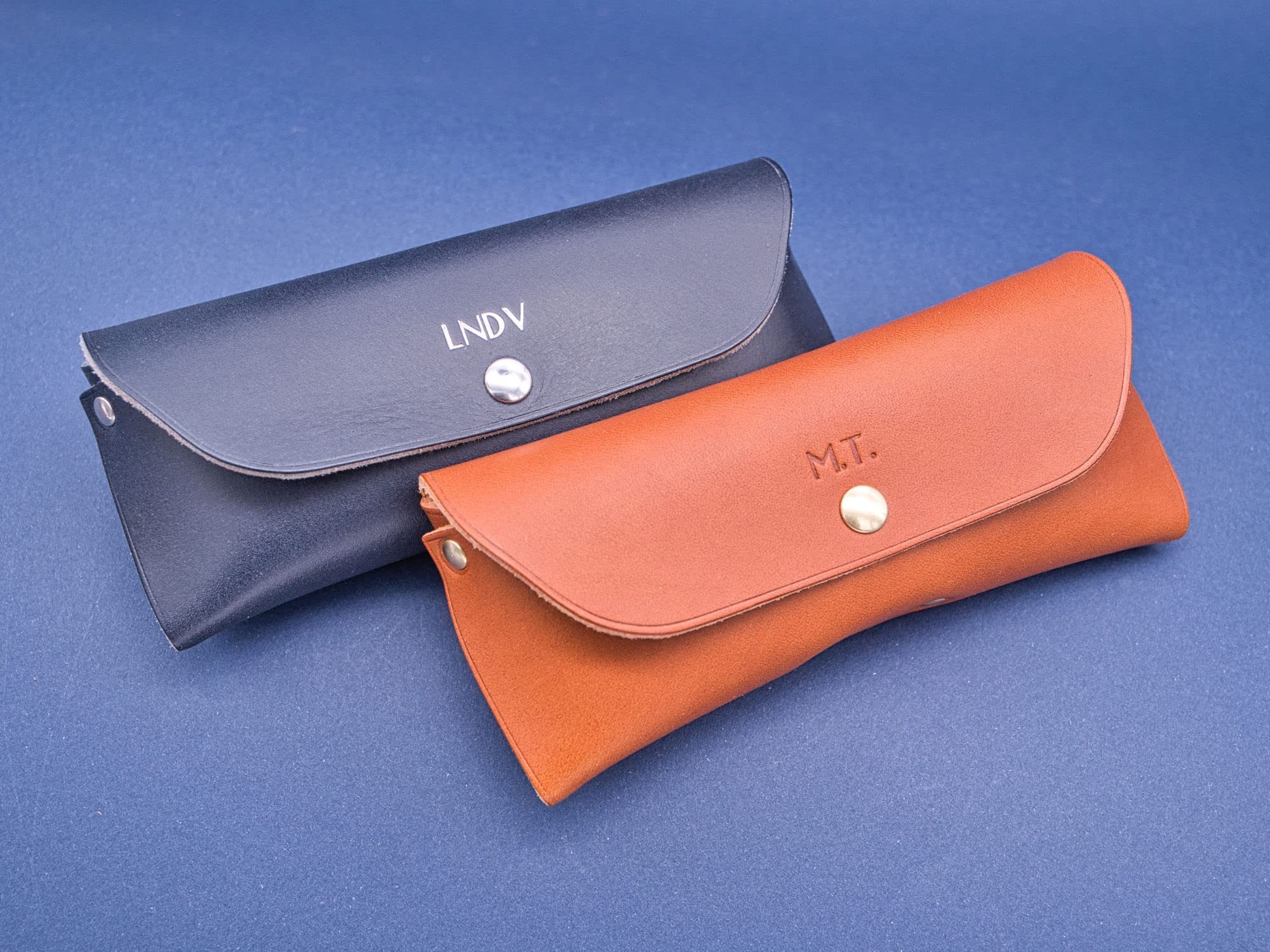 Personalized Leather Eyeglasses Case - Custom Monogram Handmade in France - Premium Sunglasses Holder for Men & Women - Perfect Gift for Travel, Office & Daily Use (Blue)
