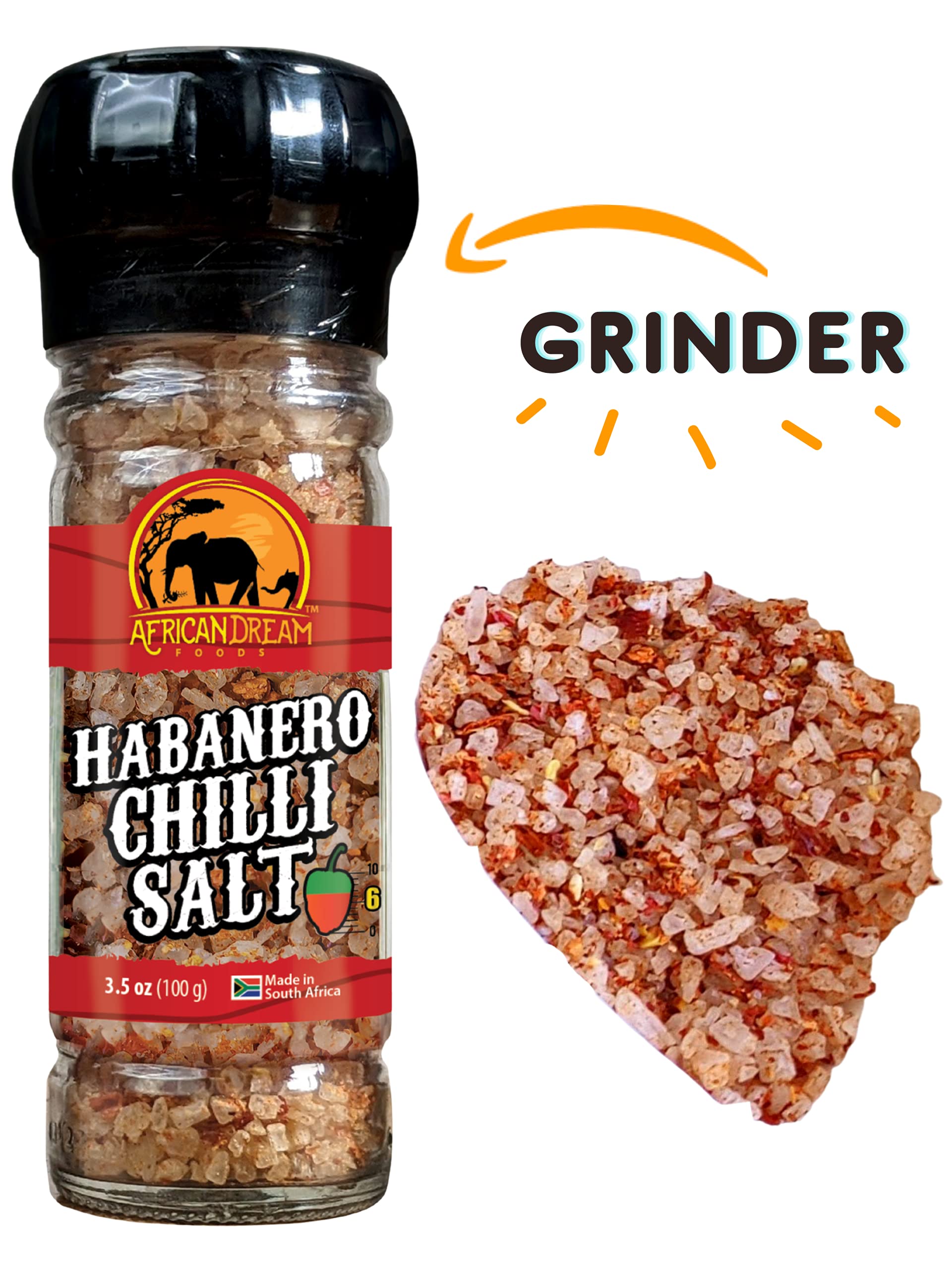 African Dream Foods Habanero Spicy Salt Seasoning - Natural African Habaneros & Sea Salt Blend - Perfect for Grilling Meat, Chicken, Seafood - Reusable Grinder, 3.5 oz (2-Pack) - Great for BBQ, Cooking & Spicy Food Lovers