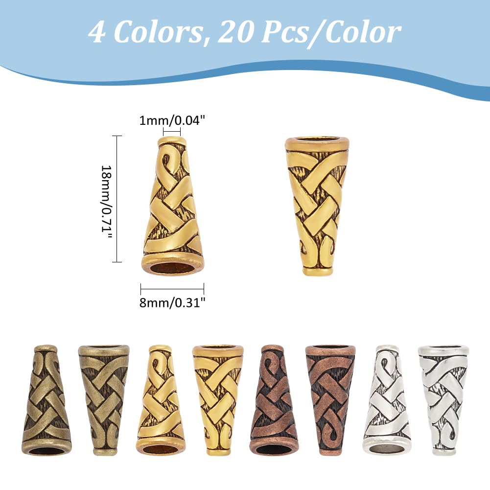80pcs 4 Colors Tibetan Metal Cone Beads for Jewelry Making - 18x8mm Earring Cones, Spacer Beads & End Caps - DIY Earrings, Pendants & Crafts (1mm Hole) - Perfect for Boho, Ethnic & Handmade Jewelry Designs