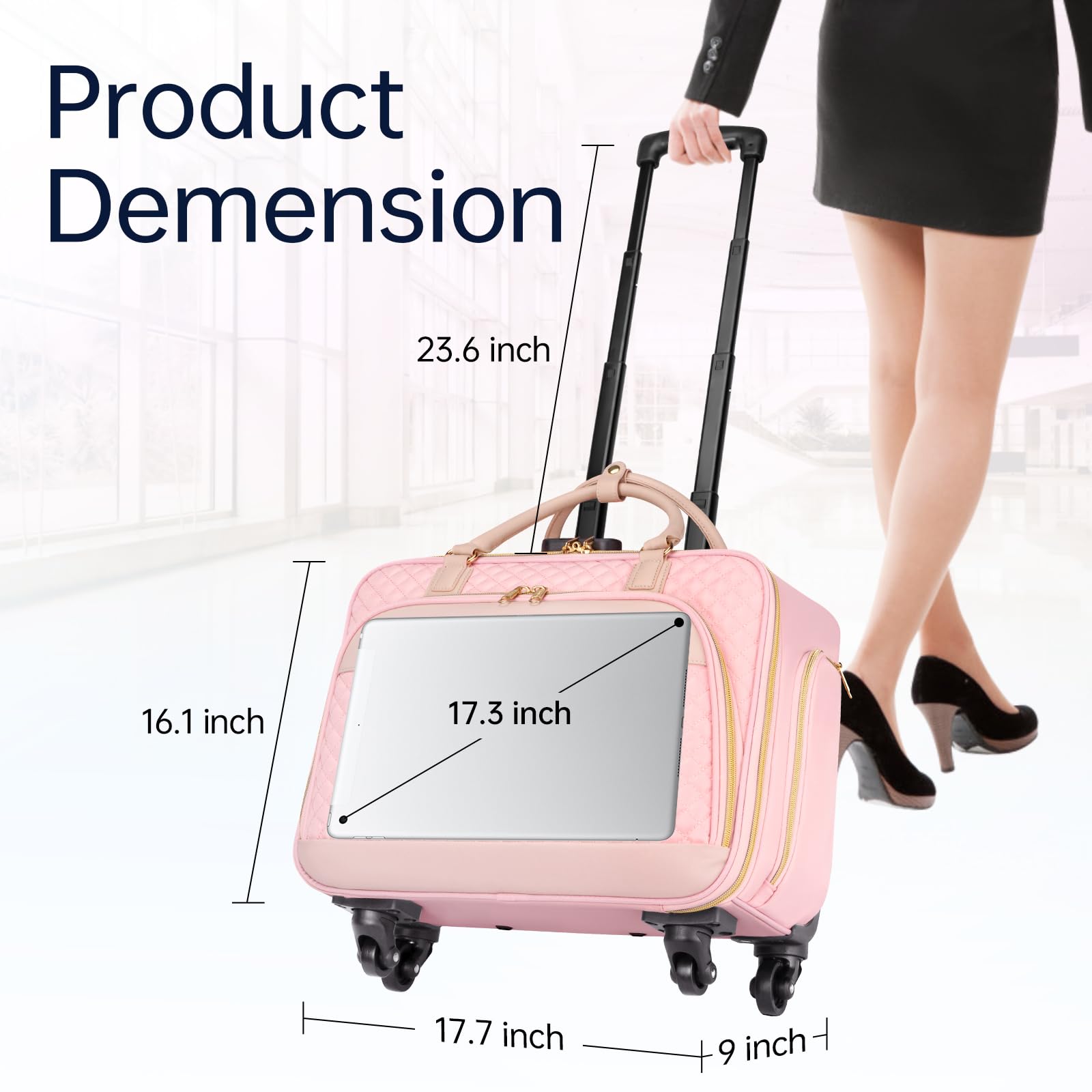 Ytonet 17.3 Inch Rolling Laptop Briefcase for Women - Water Resistant Wheeled Computer Bag with Lock for Travel, Business, Work & School - Perfect for Overnight Trips, Teacher Commute & Weekender Getaways (Pink)