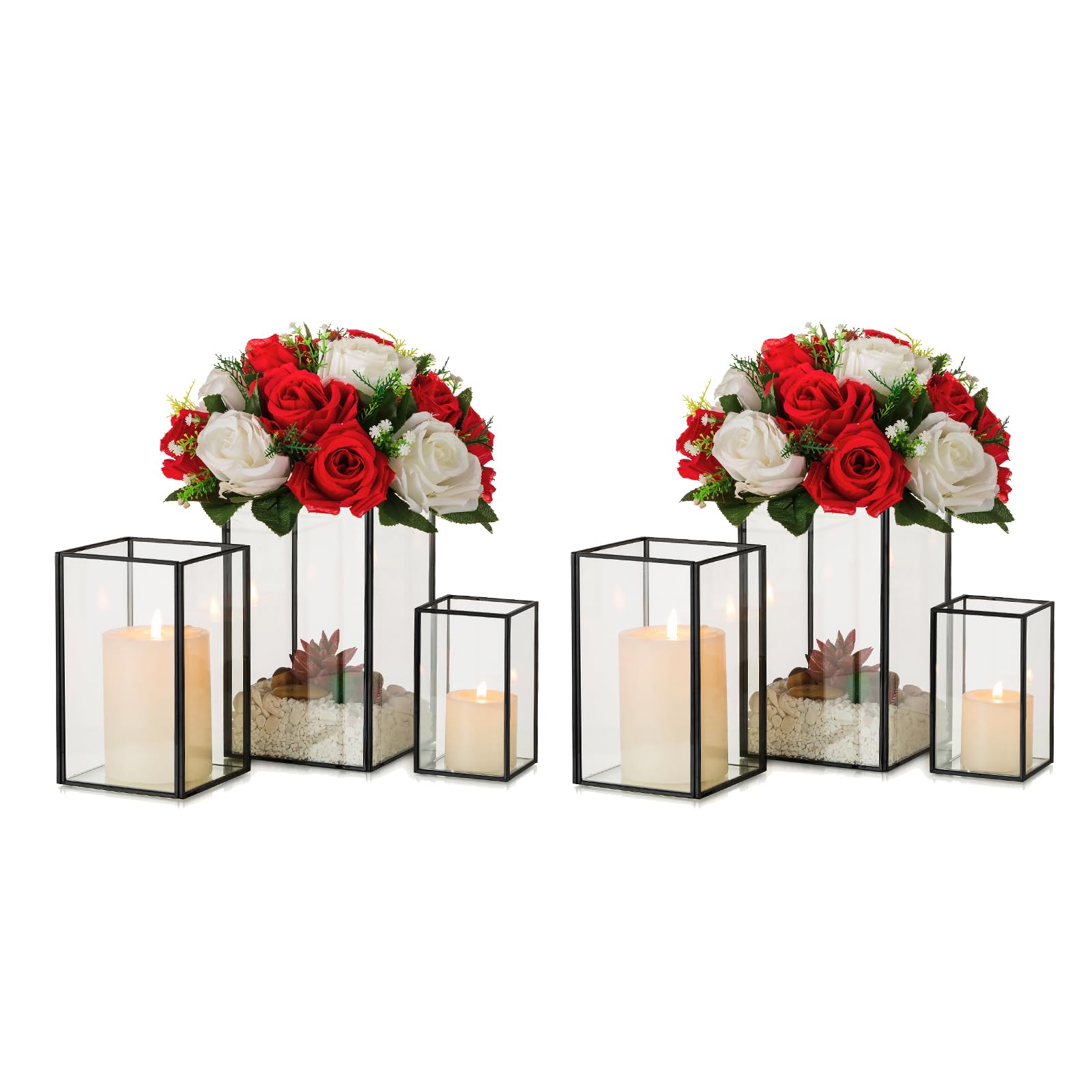 Hewory Glass Hurricane Candle Holder Set of 6 - Black Square Metal Frame Clear Glass Candle Holders for Wedding Centerpiece, Christmas Decor, Birthday Party, Engagement & Home Table Decorations - Perfect for Romantic Dinners, Holiday Celebrations and Special Events