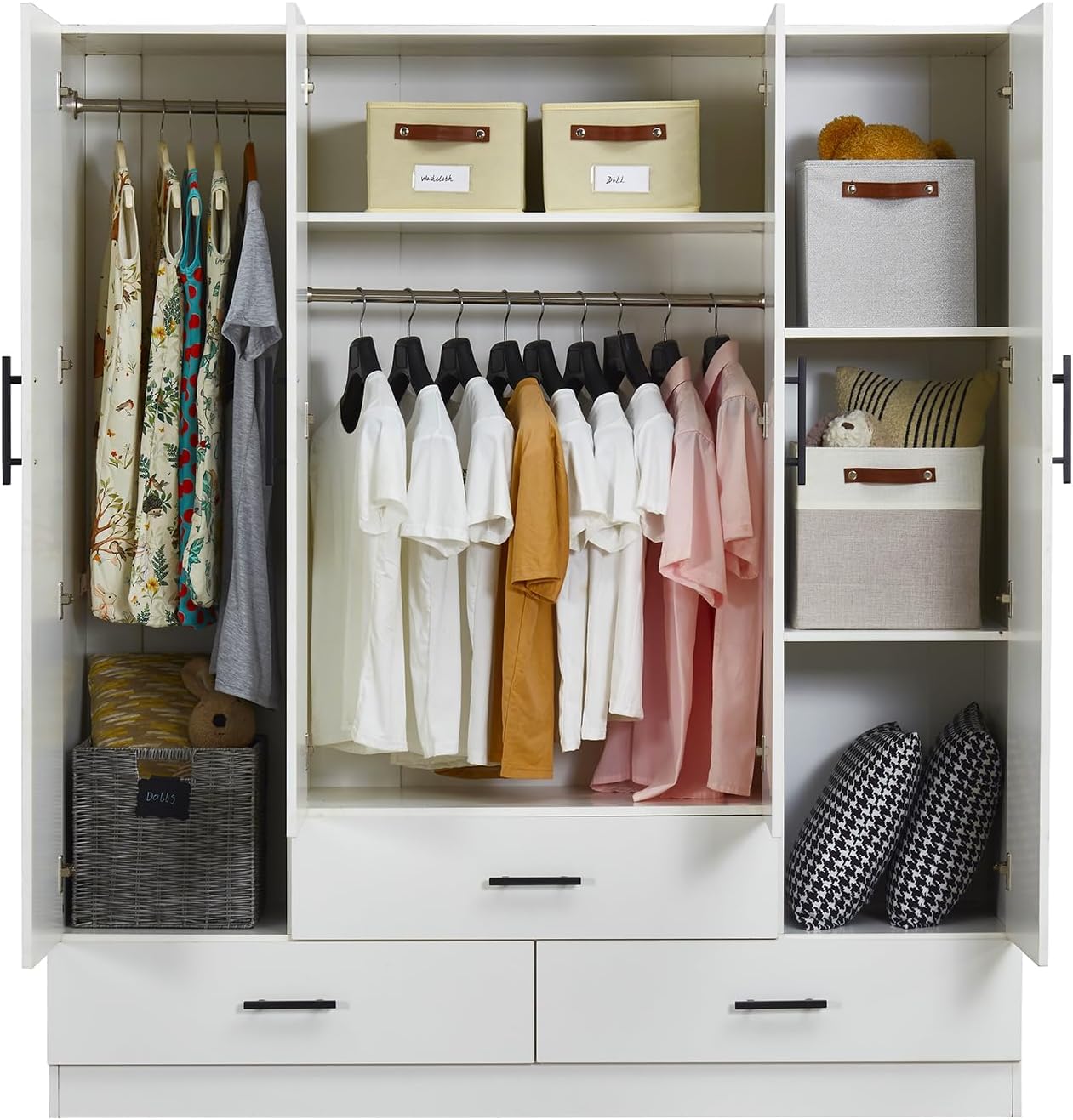 White 4-Door Wardrobe Closet with Mirror & 3 Drawers - Wooden Armoire Storage Cabinet for Bedroom Organization | Perfect for Master Bedroom, Guest Room, and Apartment Storage Solutions