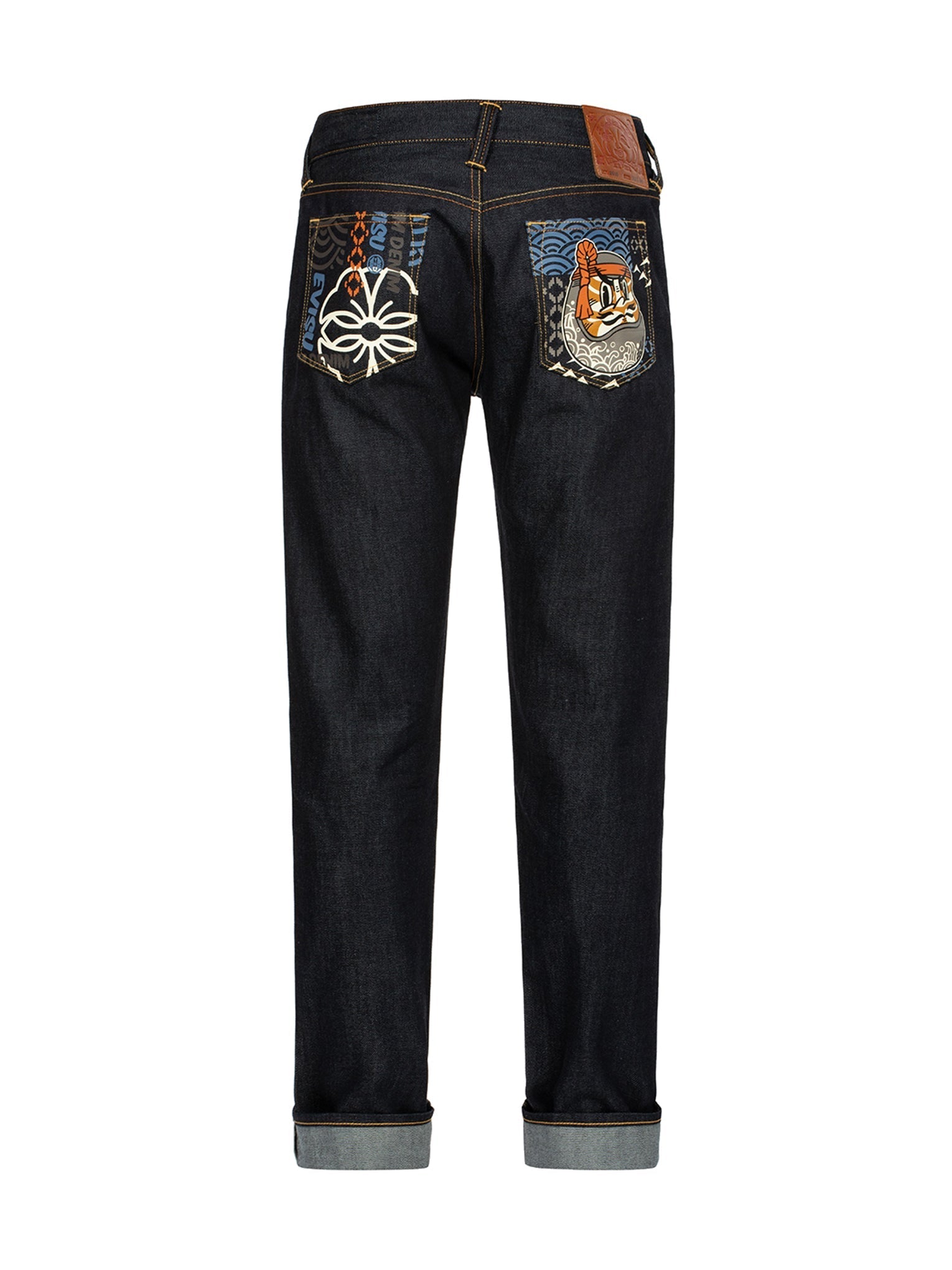 Fair Isle Pattern & Kumadori Daruma Print Slim Fit Denim Jeans for Men - Trendy Skinny Stretch Denim Pants #2010 | Perfect for Casual Wear, Street Fashion & Japanese Style Outfits