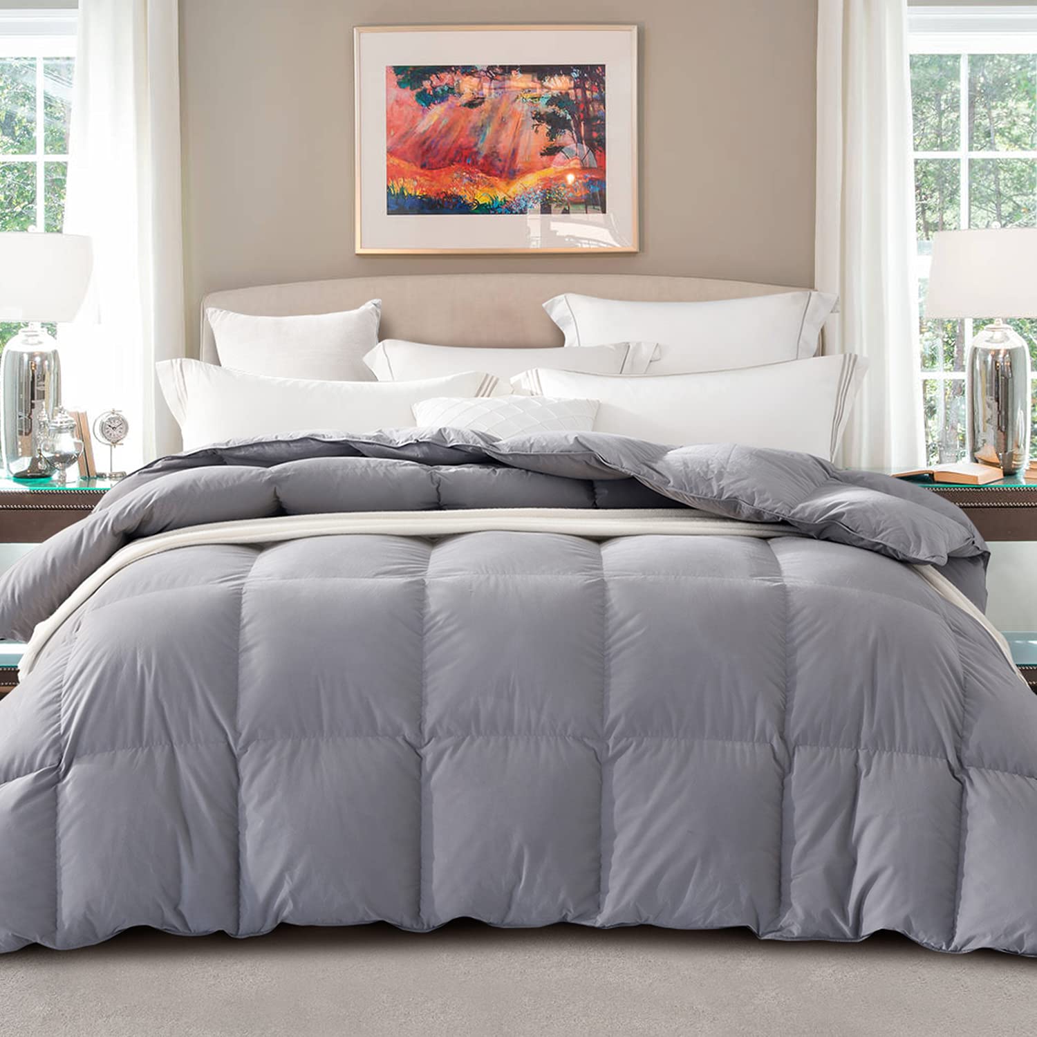 Pinzon All-Season Ultra Soft Feather Down Comforter - 100% Cotton Queen Size Duvet Insert, Medium Warmth for Year-Round Comfort - Grey - Perfect for Bedroom, Guest Room & Cozy Home Decor