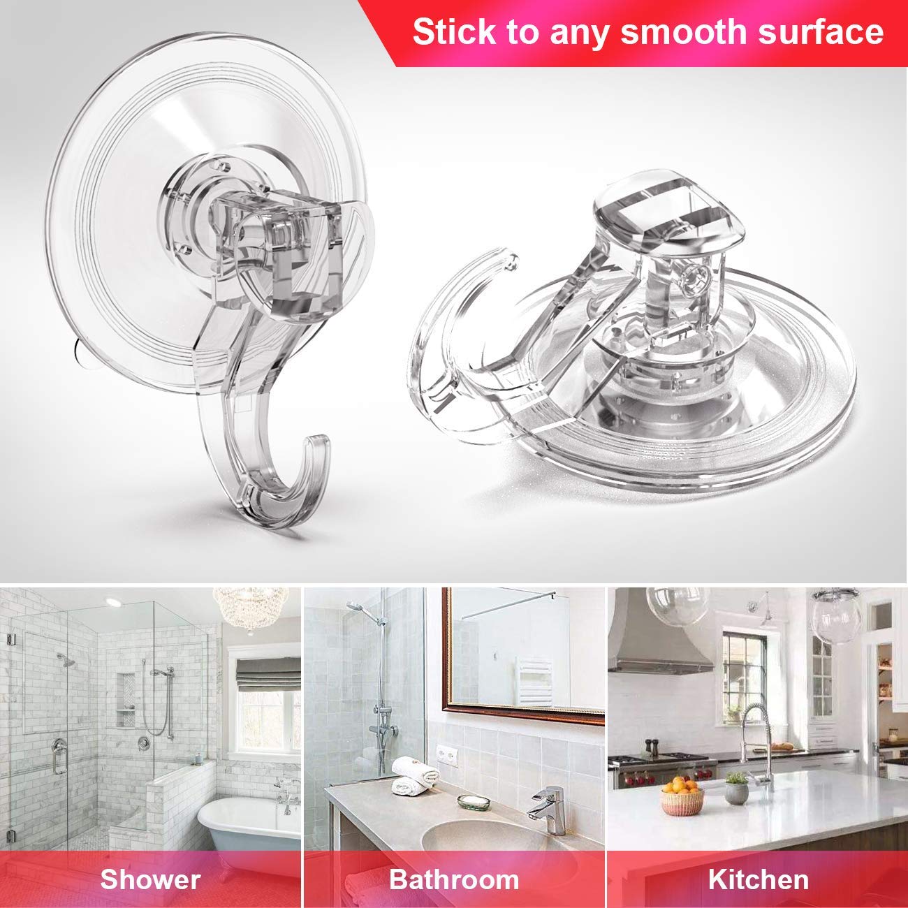 Quntis Heavy Duty Clear Suction Cup Hooks 4 Pack - Waterproof Vacuum Wreath Hangers for Bathroom, Shower Wall, Tile, Glass Door & Camper - Perfect for Hanging Towels, Decorations & Organizing Small Items