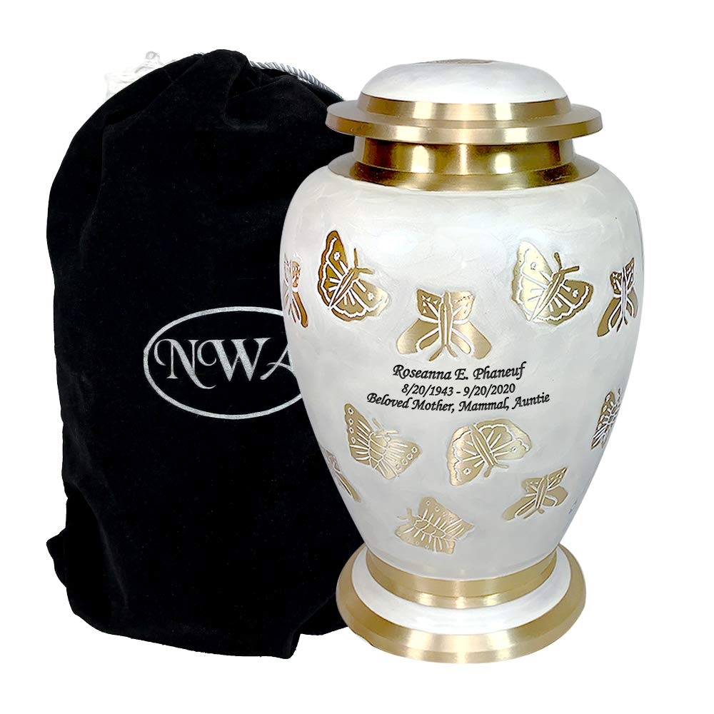 Personalized Butterfly Cremation Urn - Pearl White & Gold Adult Human Urn with Matching Keepsake & Velvet Bags for Memorial Services & Home Display