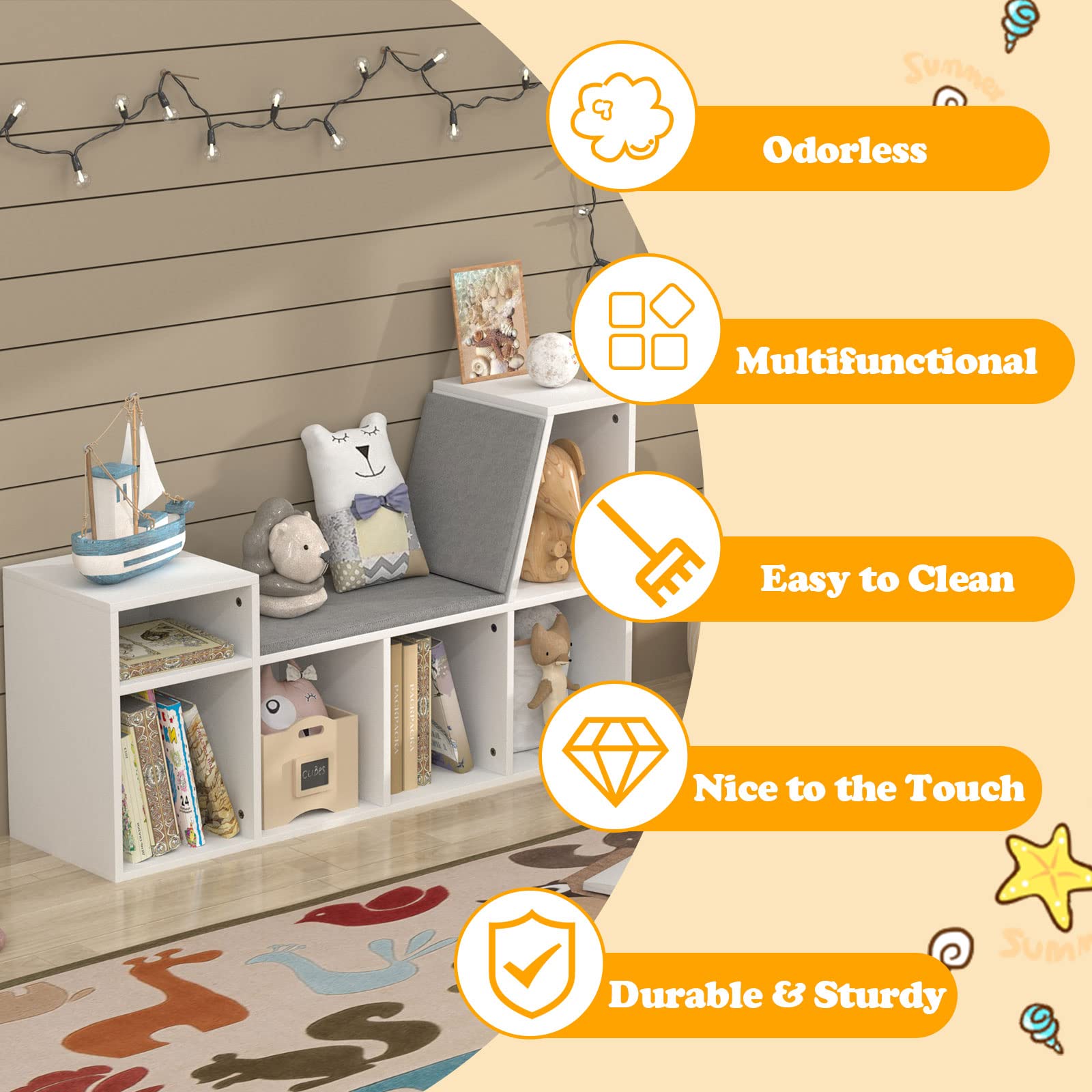 Kids Reading Nook with Bench & Toy Storage - 6-Cubby Bookcase with Seat Cushion for Toddlers | Children's Bookshelf Organizer for Bedroom, Playroom, Classroom & Nursery | Perfect for Storytime, Learning & Play Spaces