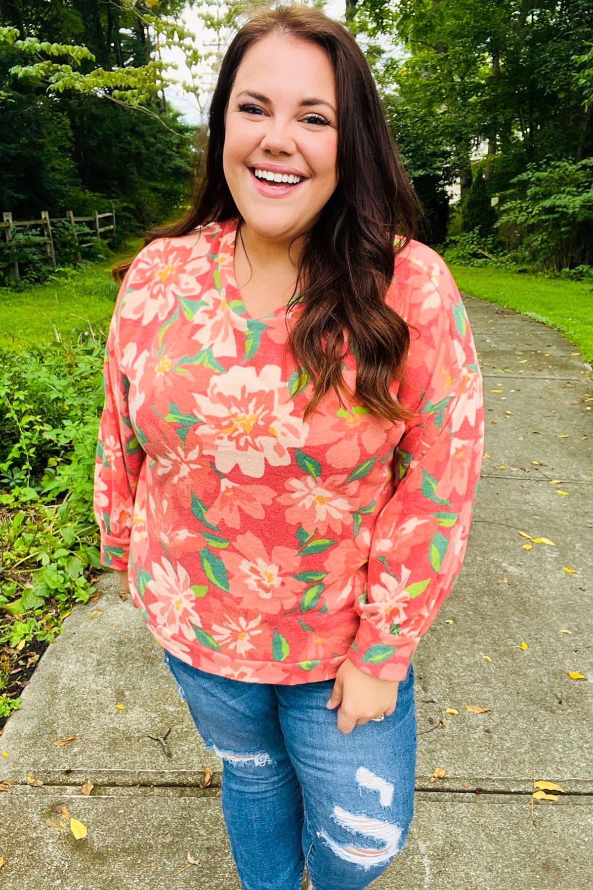 Stylish Red Floral Brushed Hacci Sweater Top for Women | Soft Comfortable Knit Pullover | Perfect for Fall Outfits, Date Nights & Casual Wear