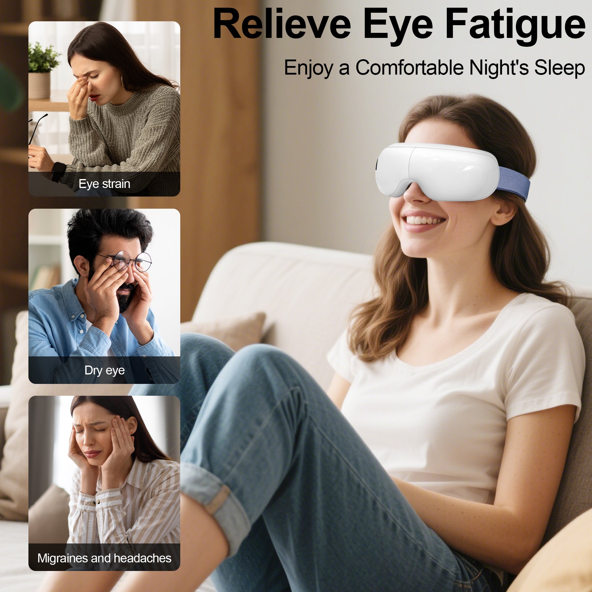 Eye Massager with Heat & Vibration - 5 Massage Modes, Bluetooth Music, Adjustable Headband, USB Rechargeable for Stress Relief & Migraine Relief - Perfect for Home, Office & Travel Use (Green)