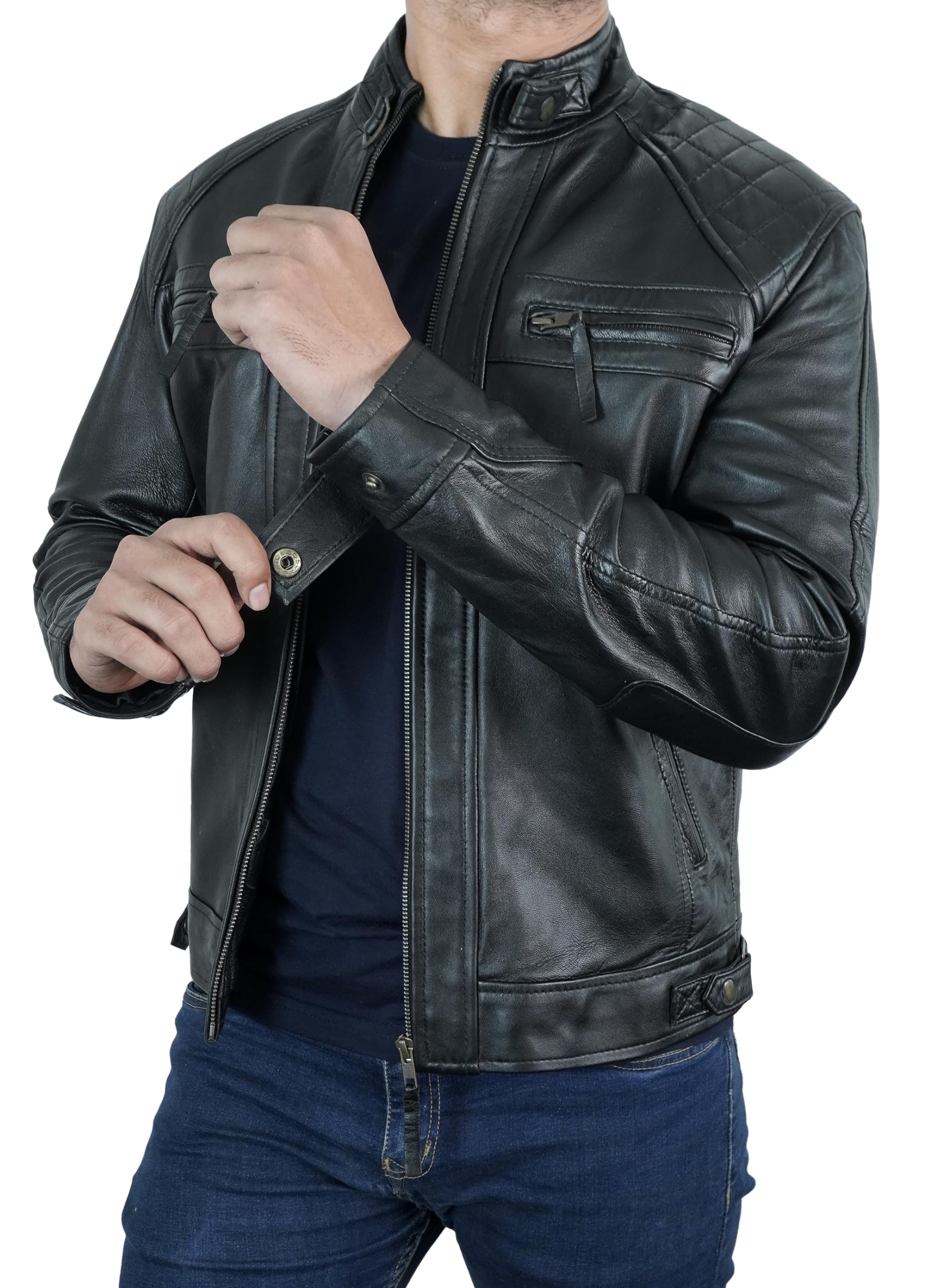 Quilted Biker Men's Leather Jacket - Genuine Lambskin Moto Style Cafe Racer Jacket for Men | Perfect for Motorcycle Riding, Casual Outfits & Streetwear Fashion