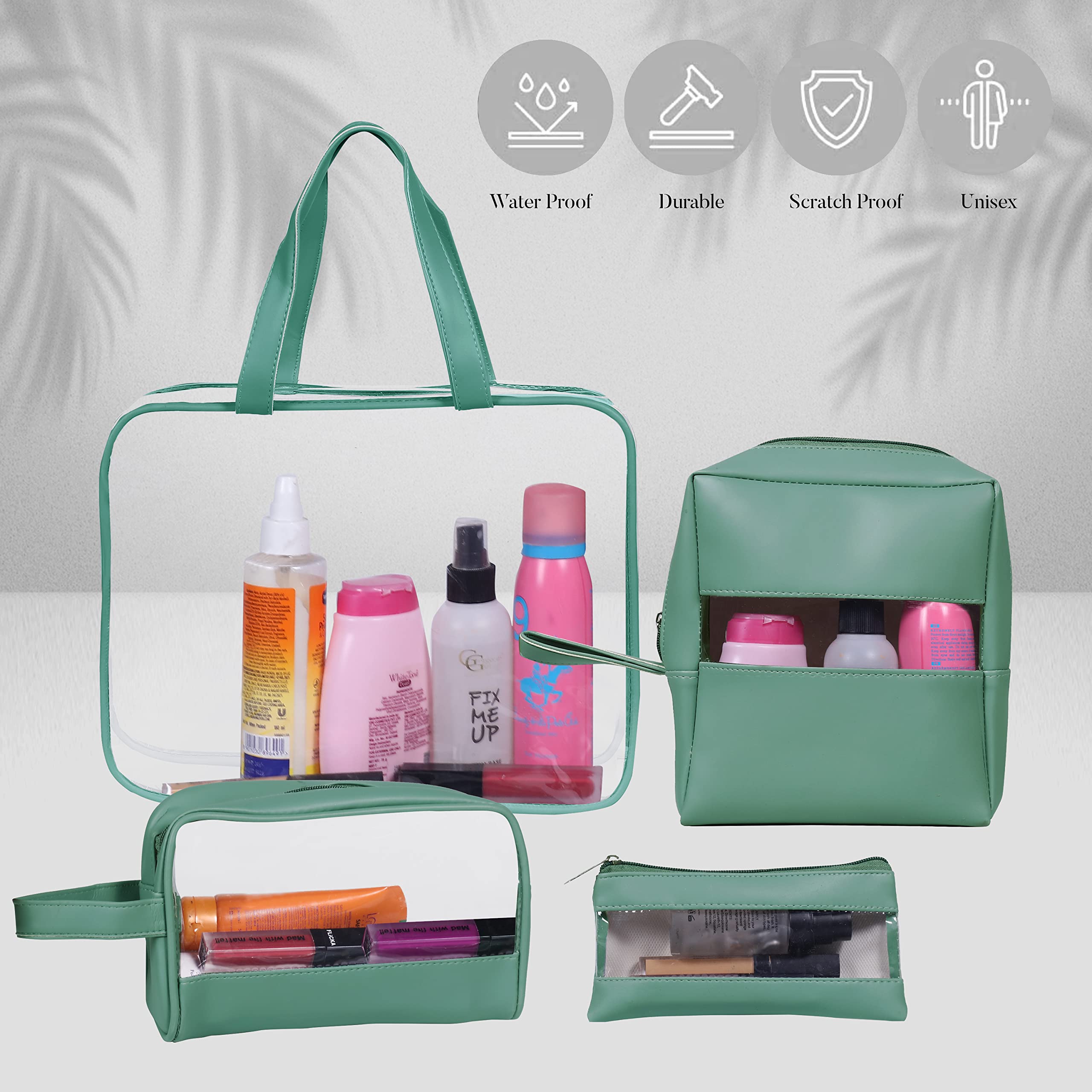 Vegan Leather Cosmetic Organizer Set - 4 Pcs Travel Makeup Pouch for Women (Green) - Perfect for Travel & Daily Use