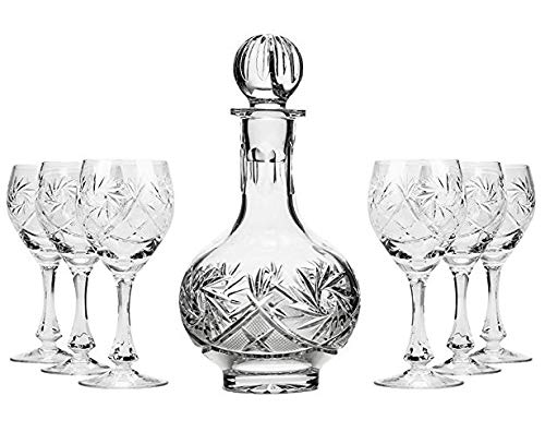 Premium 16 Oz Crystal Decanter Set with 2 Oz Shot Glasses & 6 Stemmed Liquor Glasses - 7-Piece Barware for Whiskey, Vodka, Bourbon - Perfect for Home Bars, Dinner Parties & Gift Giving