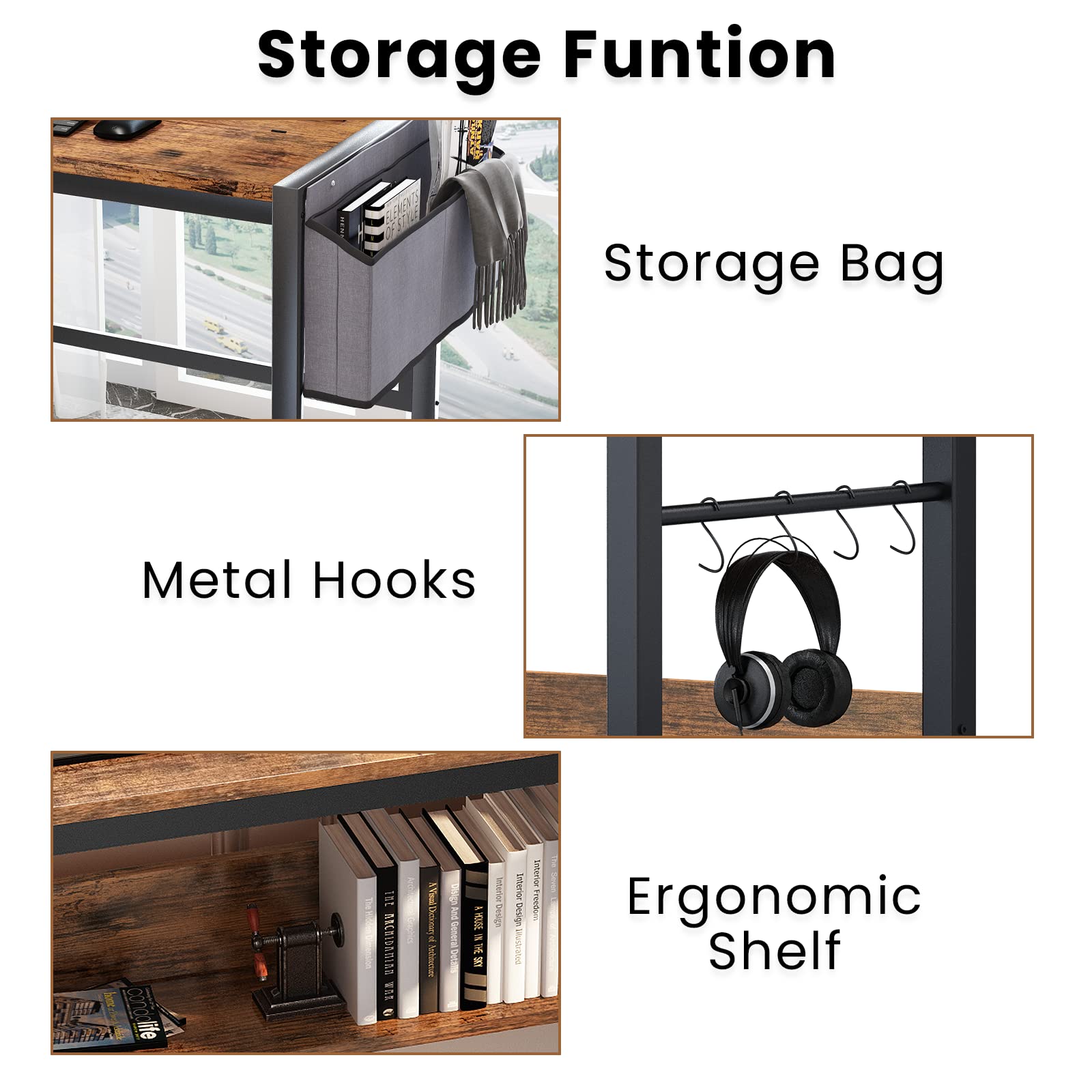 DKLGG 43 Inch Small Computer Desk - Modern Home Office Laptop Study Table for Small Spaces with Storage Bag & Headphone Hook, Rustic Brown - Perfect for Remote Work, Online Classes & Gaming Setup