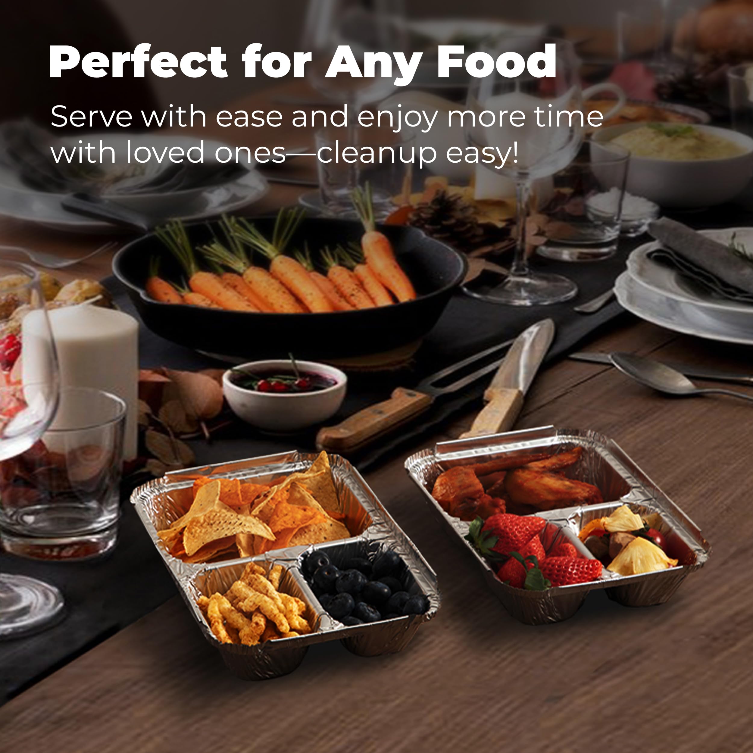 250-Pack Disposable Aluminum Foil Food Containers with Lids - 3 Compartment 8.5x6.5x1.5 Inch Rectangular Meal Prep Pans - Freezer, Oven & Microwave Safe for Takeout, Leftovers & Party Food Storage