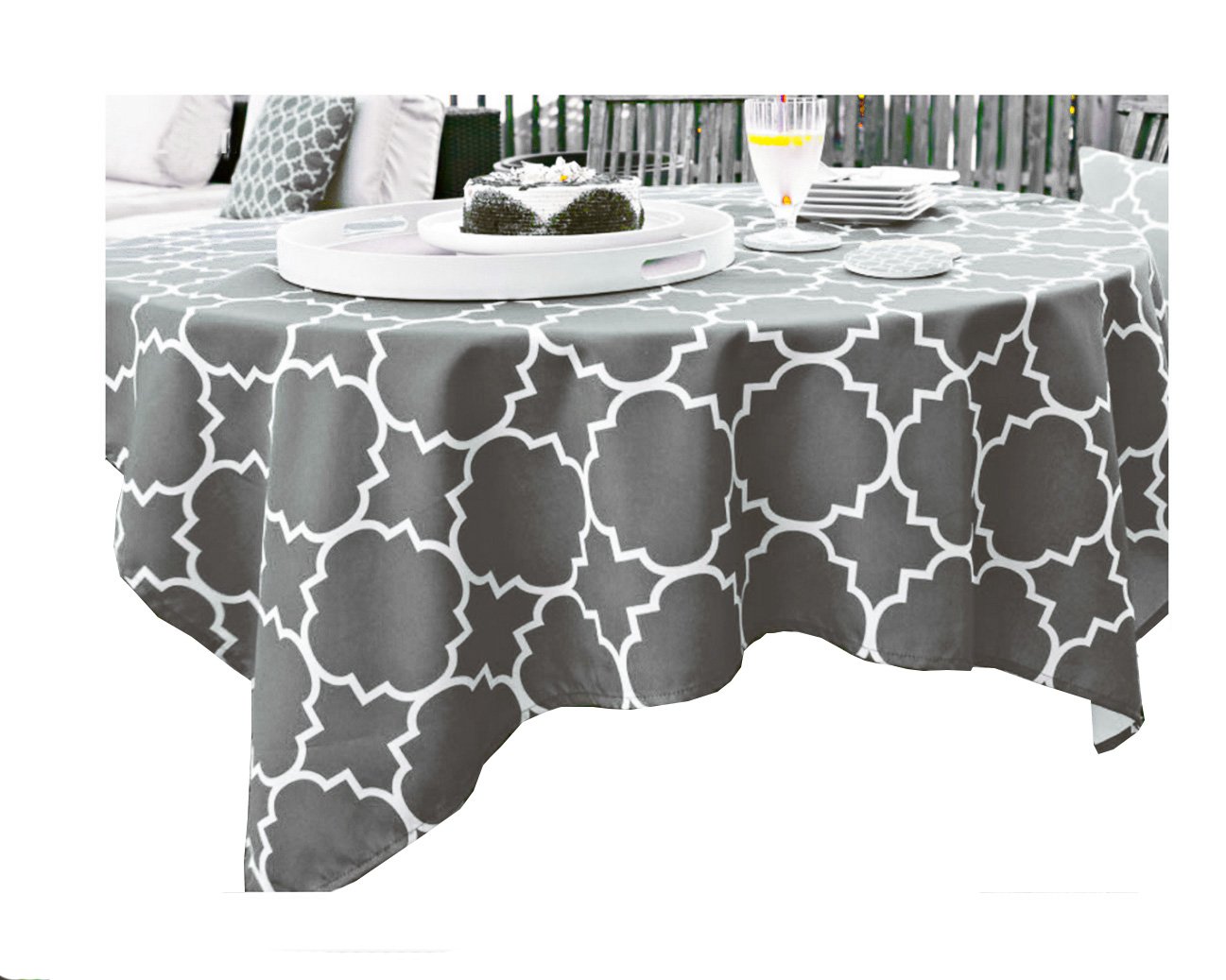Panama Tile Pattern Waterproof Zippered Umbrella Tablecloth - 70 Inch Round Outdoor Dining Cover (Grey) | Perfect for Patio, Garden, Poolside & Restaurant Use