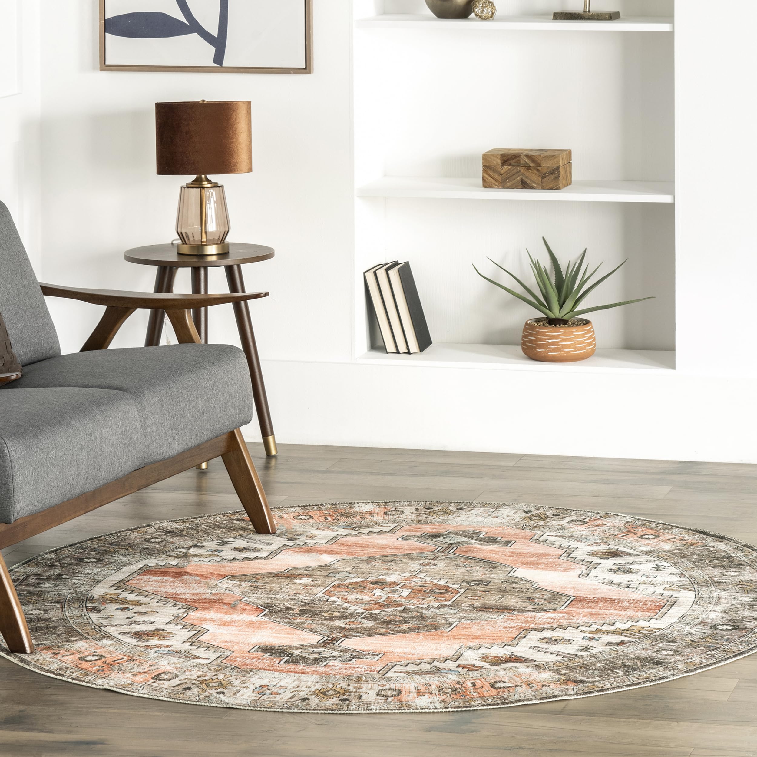 nuLOOM 8' Round Washable Area Rug - Stain Resistant, Non-Slip Backing, Low Profile - Perfect for Living Room, Bedroom & Dining Room - Gracie Peach - Soft & Durable for High Traffic Areas, Pet Friendly Home Decor