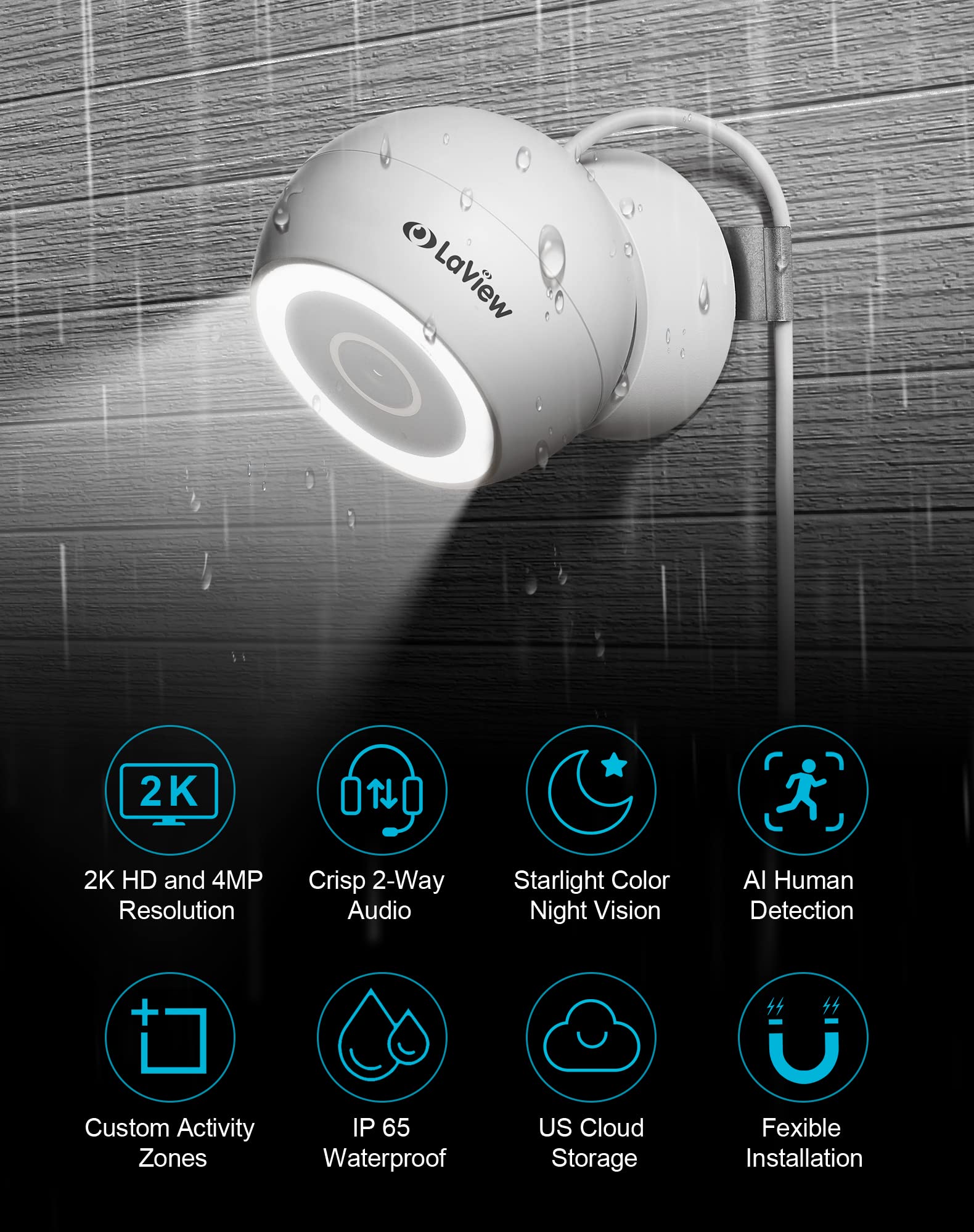 LaView 4MP 2K Outdoor Indoor Security Camera - Wired IP65 Weatherproof, Starlight Sensor & 100ft Night Vision, Motion/Person Detection, 2-Way Audio, Spotlight, Alexa Compatible for iOS/Android/Web - Perfect for Home, Office, and Business Surveillance