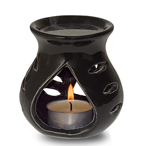 Pure Source India Ceramic Clay Candle Operated Aroma Diffuser - Black 9cm Essential Oil Burner for Home, Yoga, Spa & Meditation Relaxation