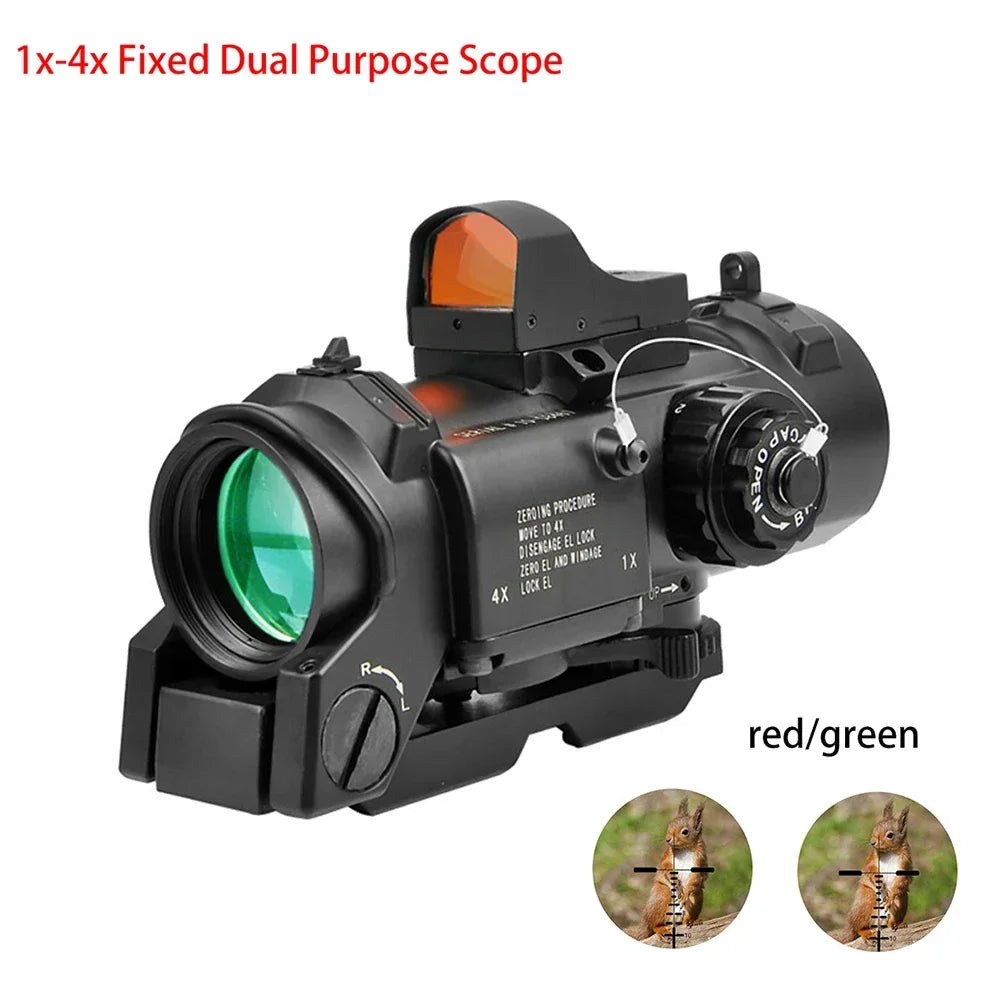 1-4x24 Wide Angle Tactical Rifle Scope with Mini Red Dot Sight | Dual Purpose Hunting & Shooting Accessory | Includes Rubber Covers (Black/Tan) | Perfect for Hunting, Target Practice & Tactical Training