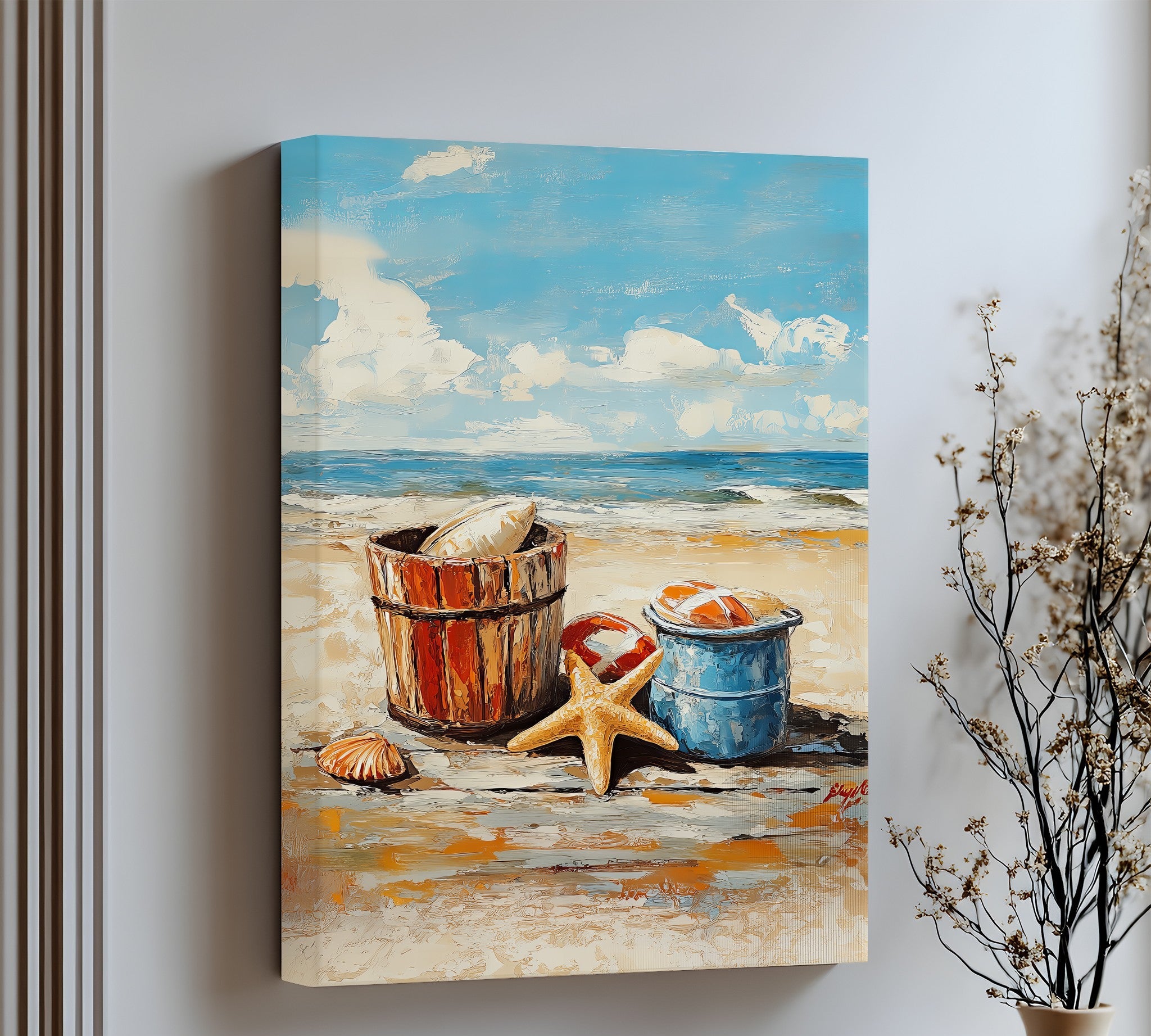 Vibrant Coastal Bucket Scene Canvas Prints - Beach Wall Art Decor for Living Room, Bedroom & Office - Perfect for Coastal, Nautical & Beach House Themes