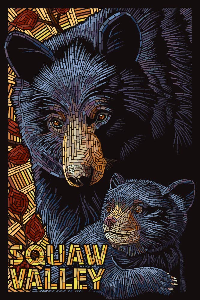 Signed Mosaic 100928 Black Bears Art Print (24x36) - Squaw Valley California Wildlife Wall Decor Poster - Perfect for Living Room, Office & Cabin Decor