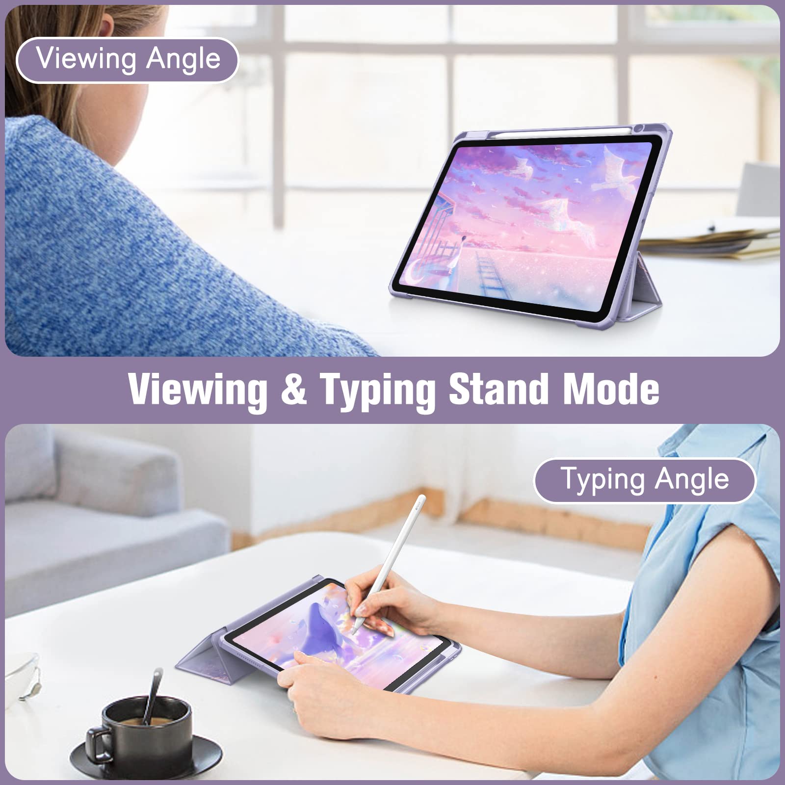 Fintie Hybrid Slim Shockproof Case for iPad Air 11-inch (M3/M2) & 10.9-inch (5th/4th Gen) - Clear Back Shell with Pencil Holder, Lilac Marble Design - Perfect for Work, School & Travel Protection