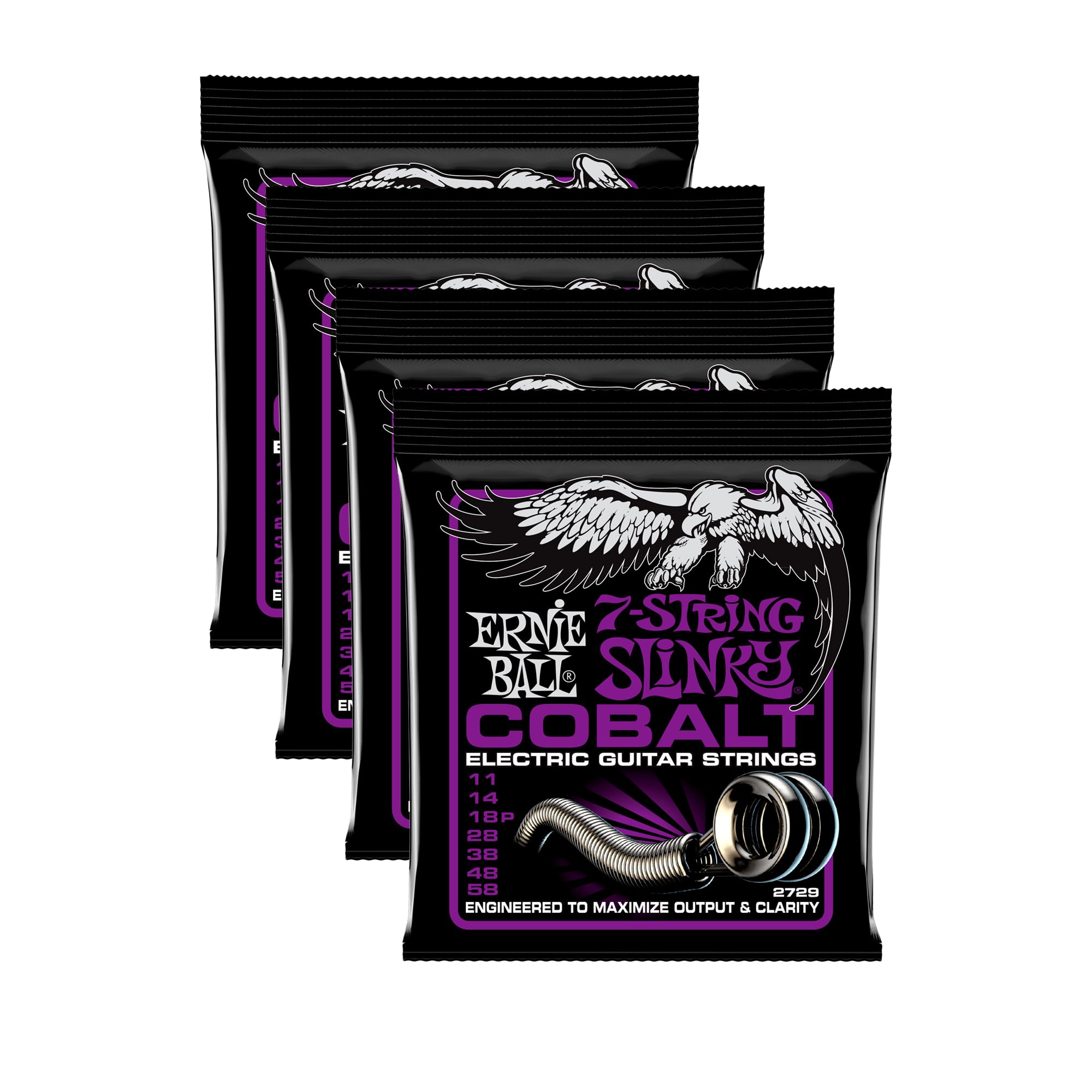 Ernie Ball 2729 Cobalt 7-String Power Slinky Guitar Strings (11-58 Gauge) - 4 Pack Set for Heavy Metal, Rock & Extended Range Playing - Perfect for Studio Recording & Live Performances