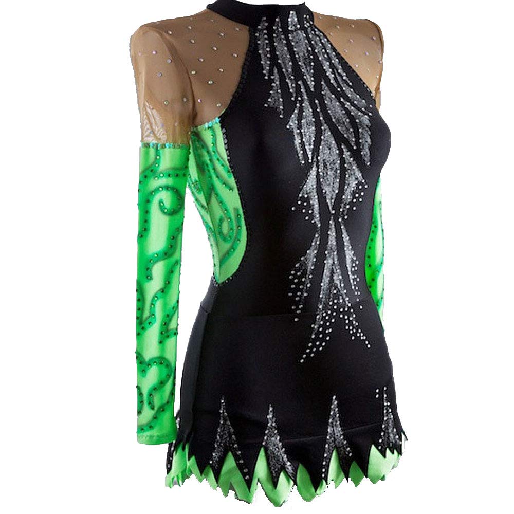 Handmade Blushing Pink & Green Rhythmic Gymnastics Leotard for Women & Girls - Long Sleeve Spandex Competition Dress for Artistic Gymnastics, Dance & Ice Skating - Size XL | Perfect for Performances, Recitals & Championships