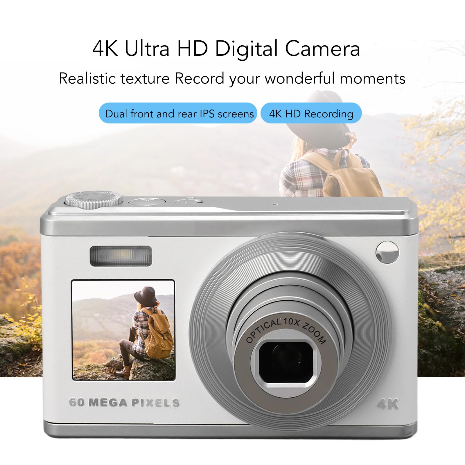 60MP 4K Digital Camera with Dual-Screen & Autofocus | 10x Optical Zoom | Anti-Shake | Compact Portable Camera for Travel, Vlogging & Outdoor Photography | Automatic Shooting Modes (White)