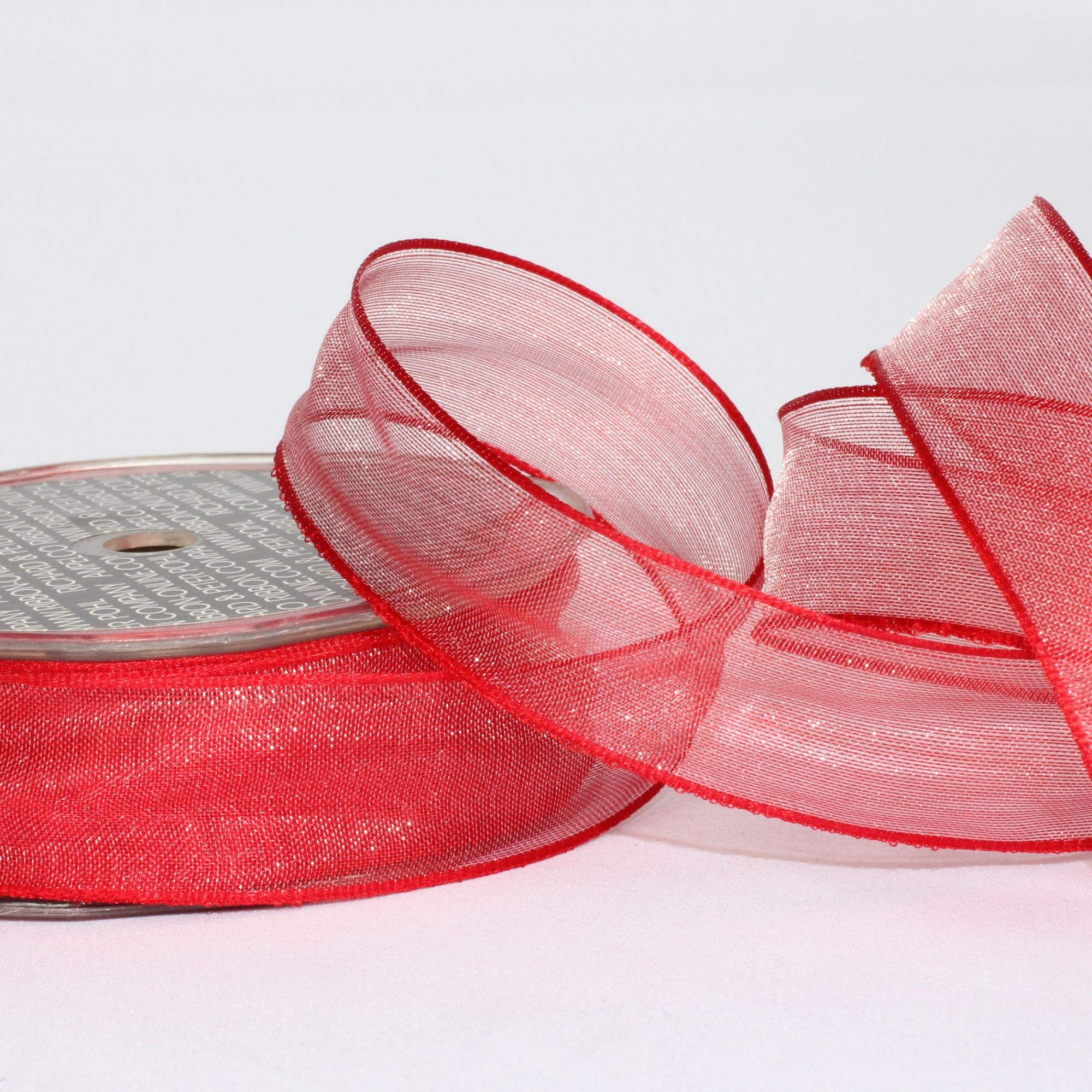 Shimmering Scarlet Crystal Organdy Wired Edge Craft Ribbon - 1 Inch x 54 Yards Bulk Roll for Gift Wrapping, Wedding Decorations, DIY Crafts & Scrapbooking