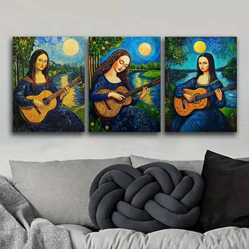 3-Piece Mona Lisa Playing Guitar Metal Wall Art - Ready to Hang Canvas Prints for Living Room, Bedroom & Office Decor