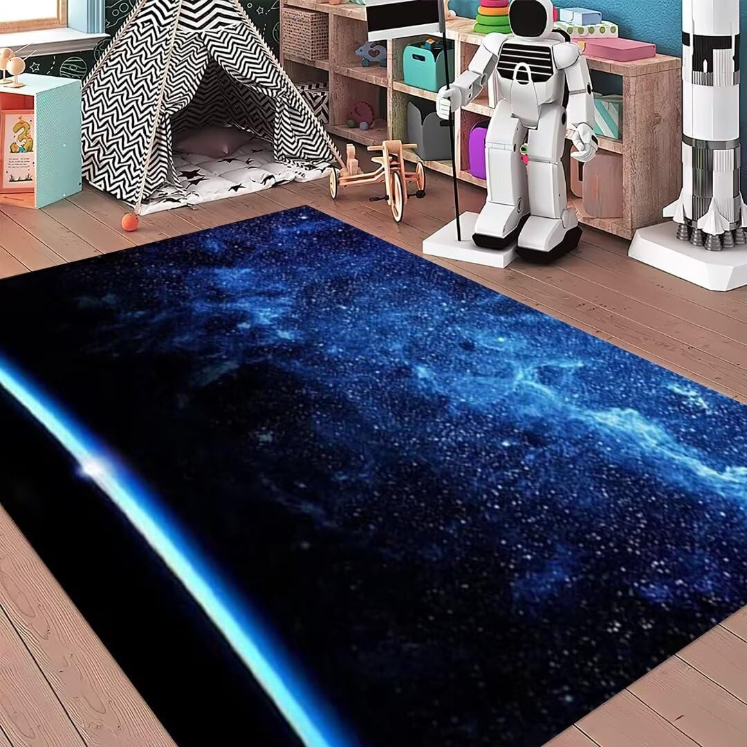 Large Blue Starry Sky Area Rug for Boys Bedroom - 6'×9' Washable Non-Slip Flannel Throw Rug - Universe Galaxy Themed Floor Mat for Playroom & Kids Room Decor - Perfect for Bedside, Nursery, and Play Areas