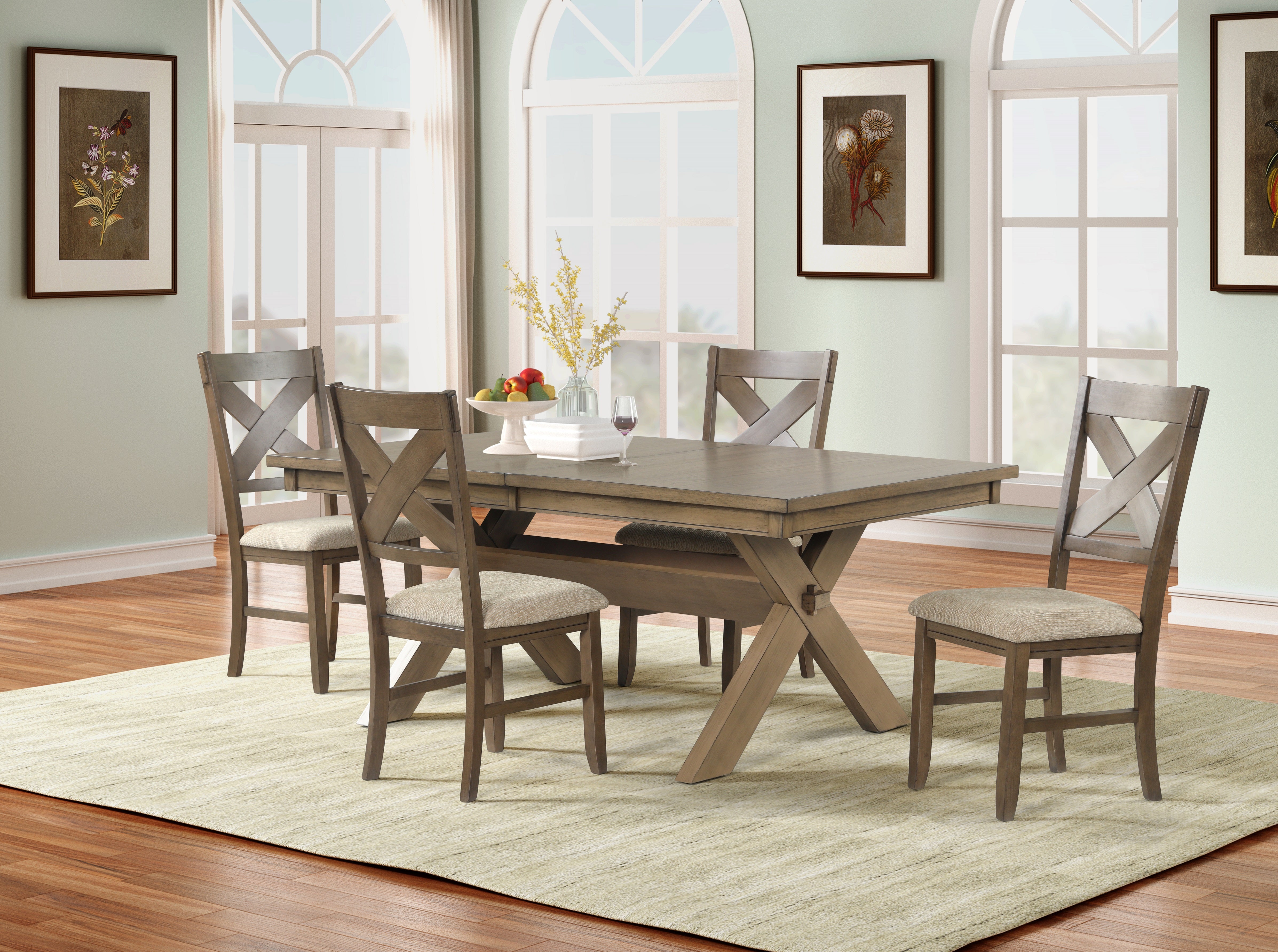 Raven Wood 5-Piece Extendable Trestle Dining Table Set with 4 Chairs in Glazed Pine Brown - Perfect for Kitchen, Dining Room, and Small Space Entertaining