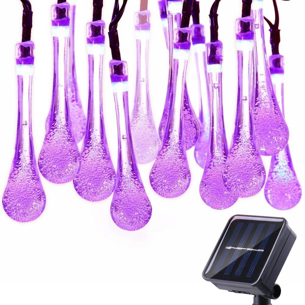 DINOWIN 20ft Solar Drop Lights - 30LEDs Waterproof Fairy Lights for Outdoor, Garden, Christmas Decorations (Purple) | Perfect for Patio, Yard, Wedding & Holiday Lighting