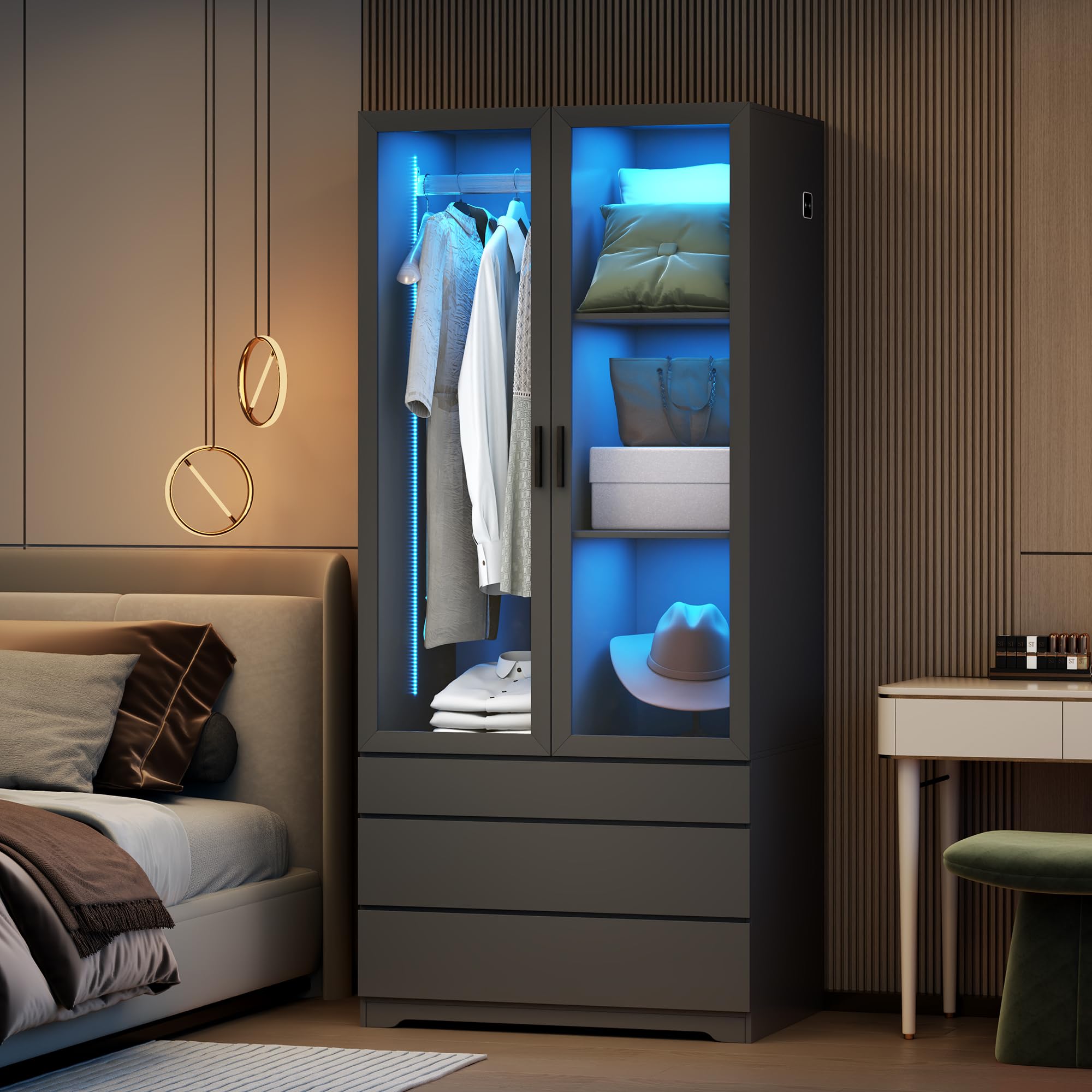 Modern LED Armoire Wardrobe Closet Cabinet with 3 Drawers & 2 Doors - 70
