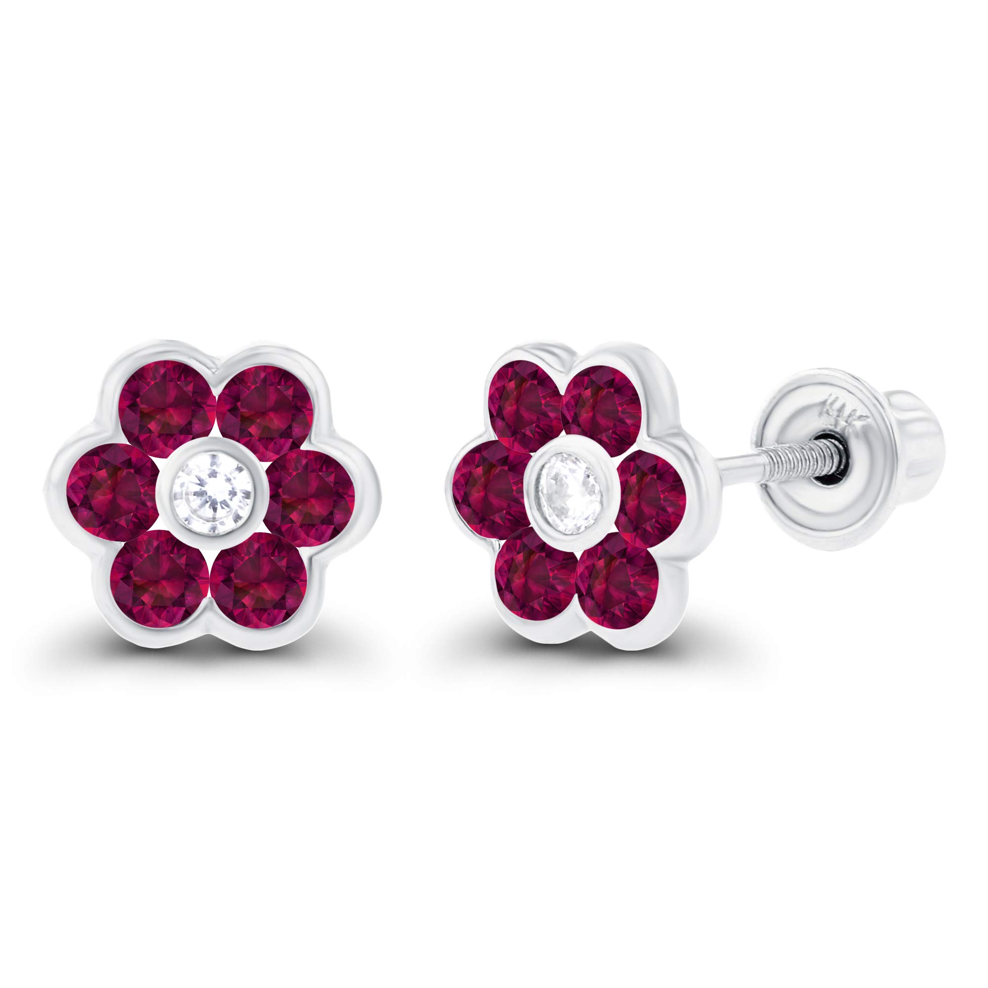 14K Solid Gold 6mm Natural Birthstone Screwback Stud Earrings for Women with 1.25mm White Sapphire Halo - Perfect for Birthdays, Anniversaries & Everyday Elegance