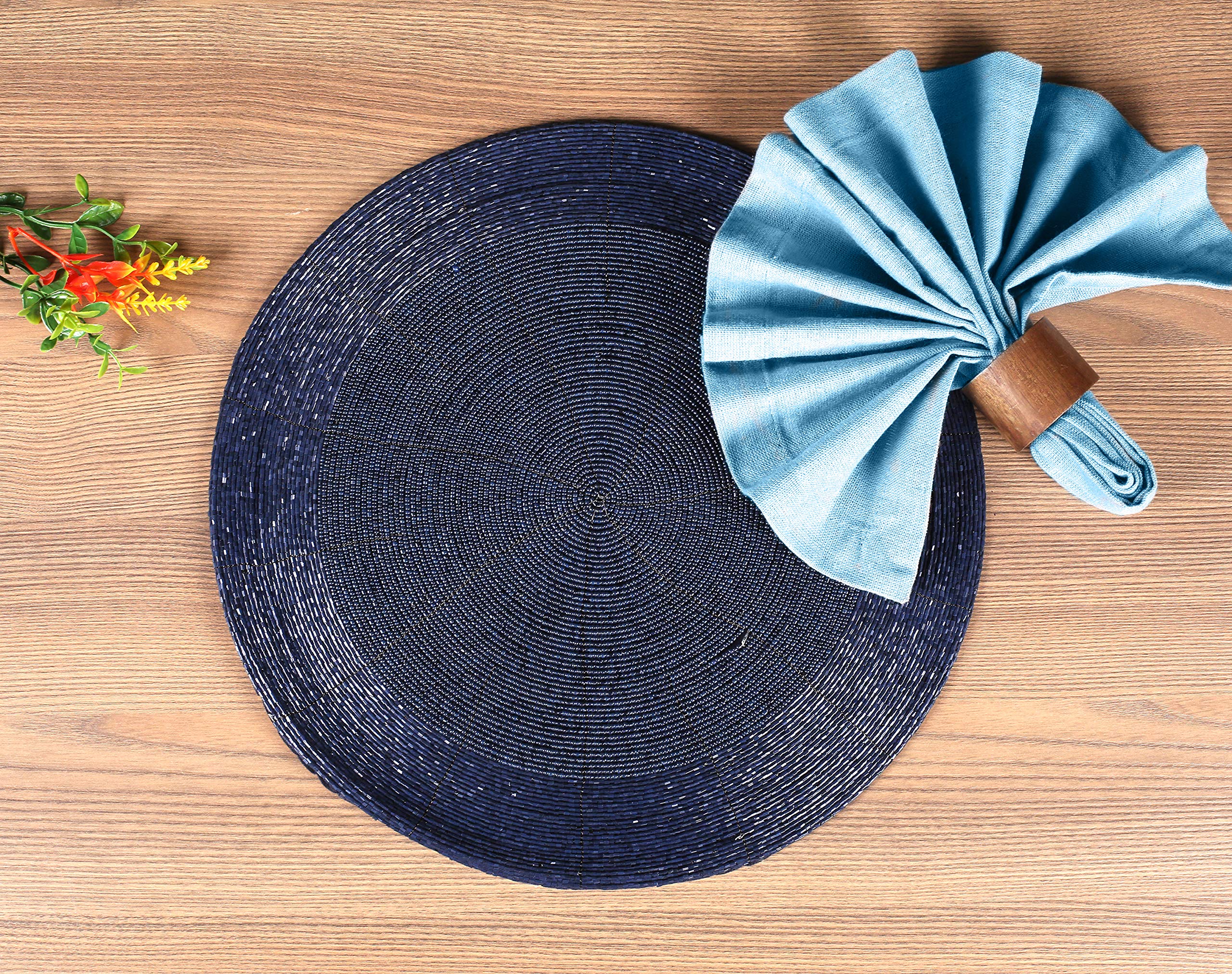 Lightnpro Farmhouse Beaded Placemats Set of 4 - Round Handwoven Table Chargers - 13 Inch Navy Blue Decorative Placemats for Dining Table & Special Occasions - Perfect for Farmhouse, Rustic, or Coastal Home Decor - Ideal for Dinner Parties, Weddings, and Holiday Gatherings