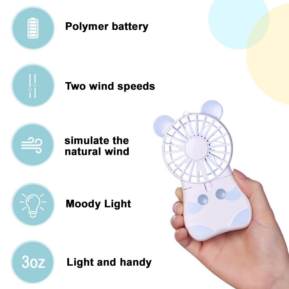 Mini Handheld Cooling Fan with LED Lights - 2 Adjustable Speeds, Portable & Standable for Travel, Camping, Festivals - Perfect for Home, Office & Outdoor Use (Lavender)